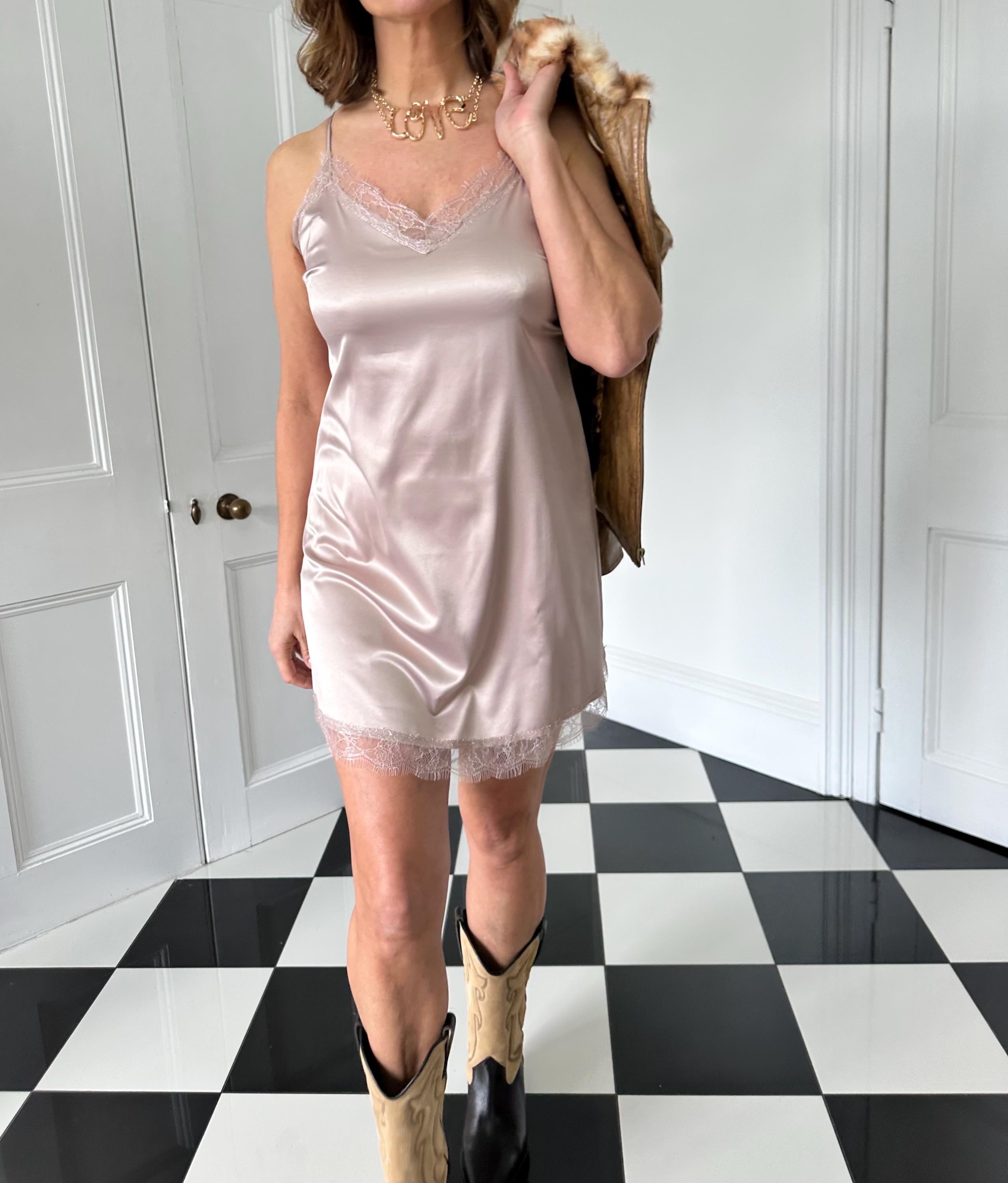 Vintage silk satin slip dress with eyelash lace trim dusty rose mauve lingerie slip