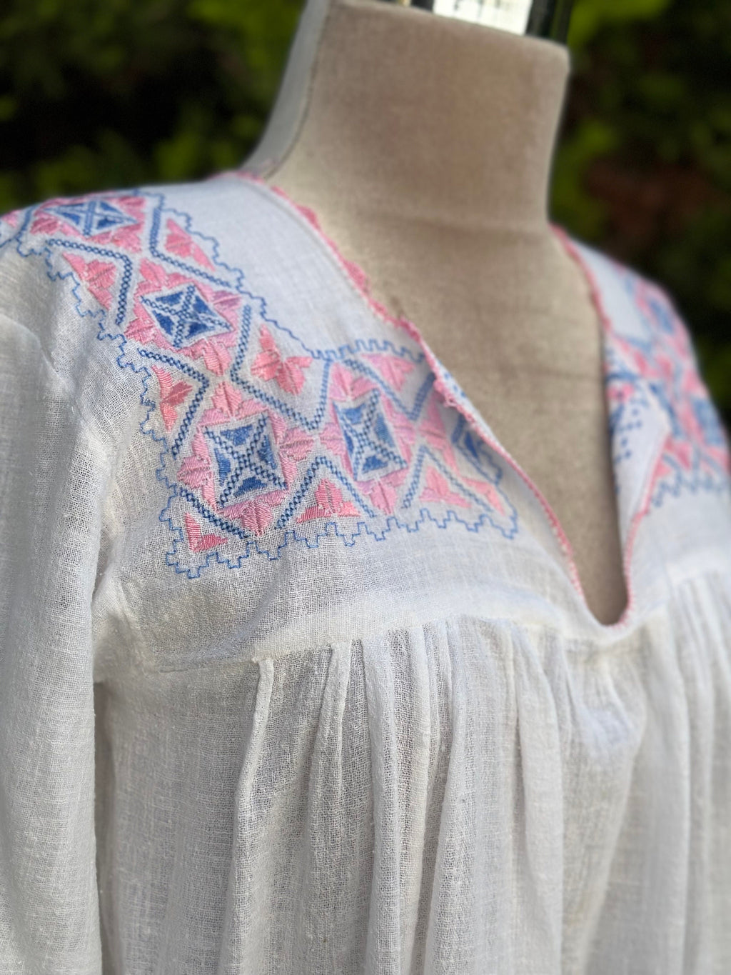 1940s Hand Embroidered Cotton Dress: Vintage Needlework Lace Trim