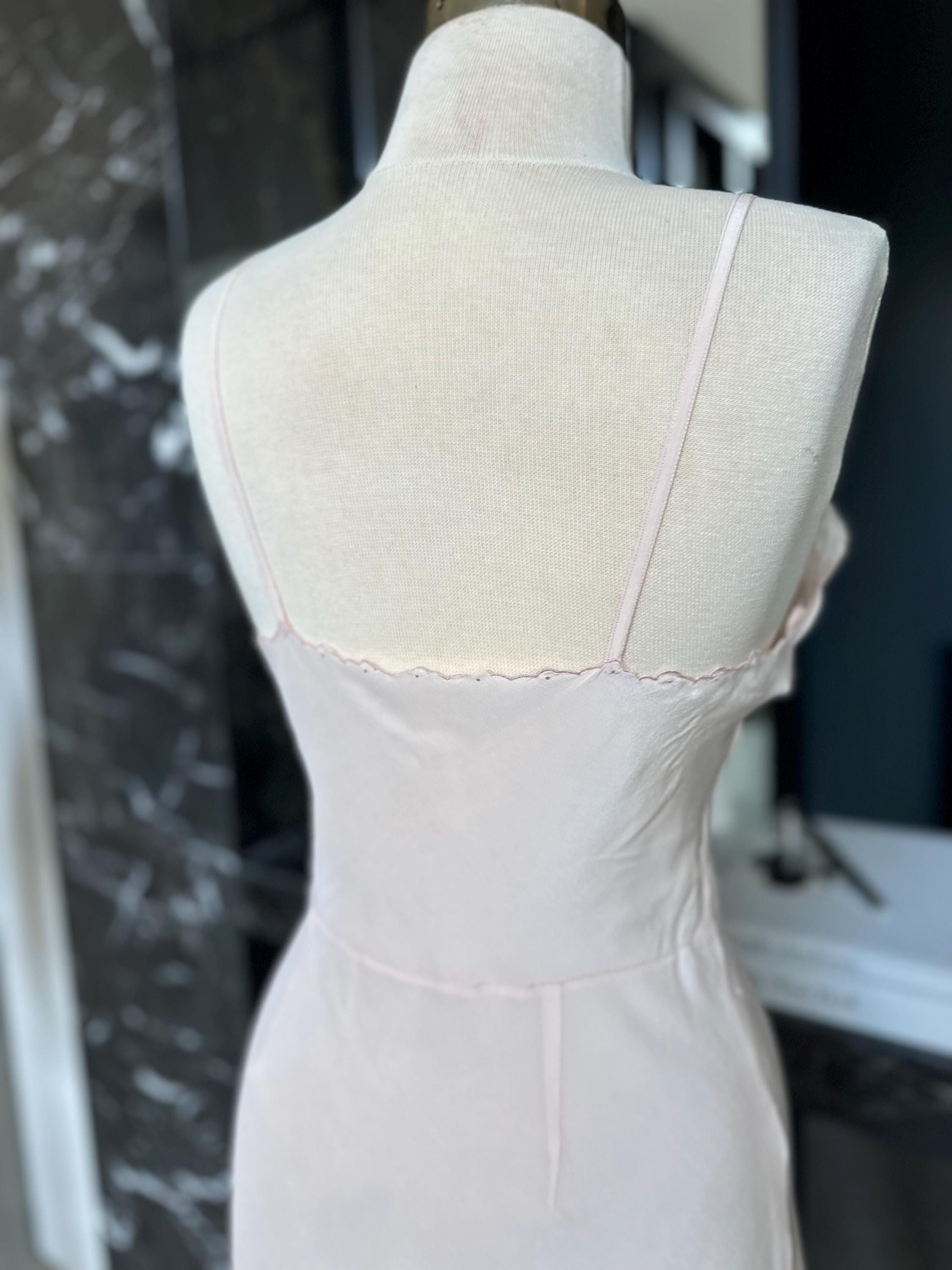 Antique 1930s Pale Pink Silk Slip – Authentic Art Deco Embroidery & Bias Cut