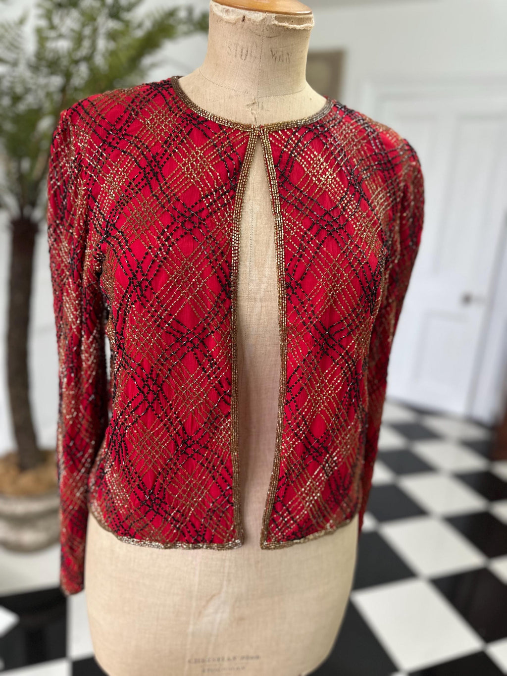 1980 silk red coctail jacket in black and gold beading