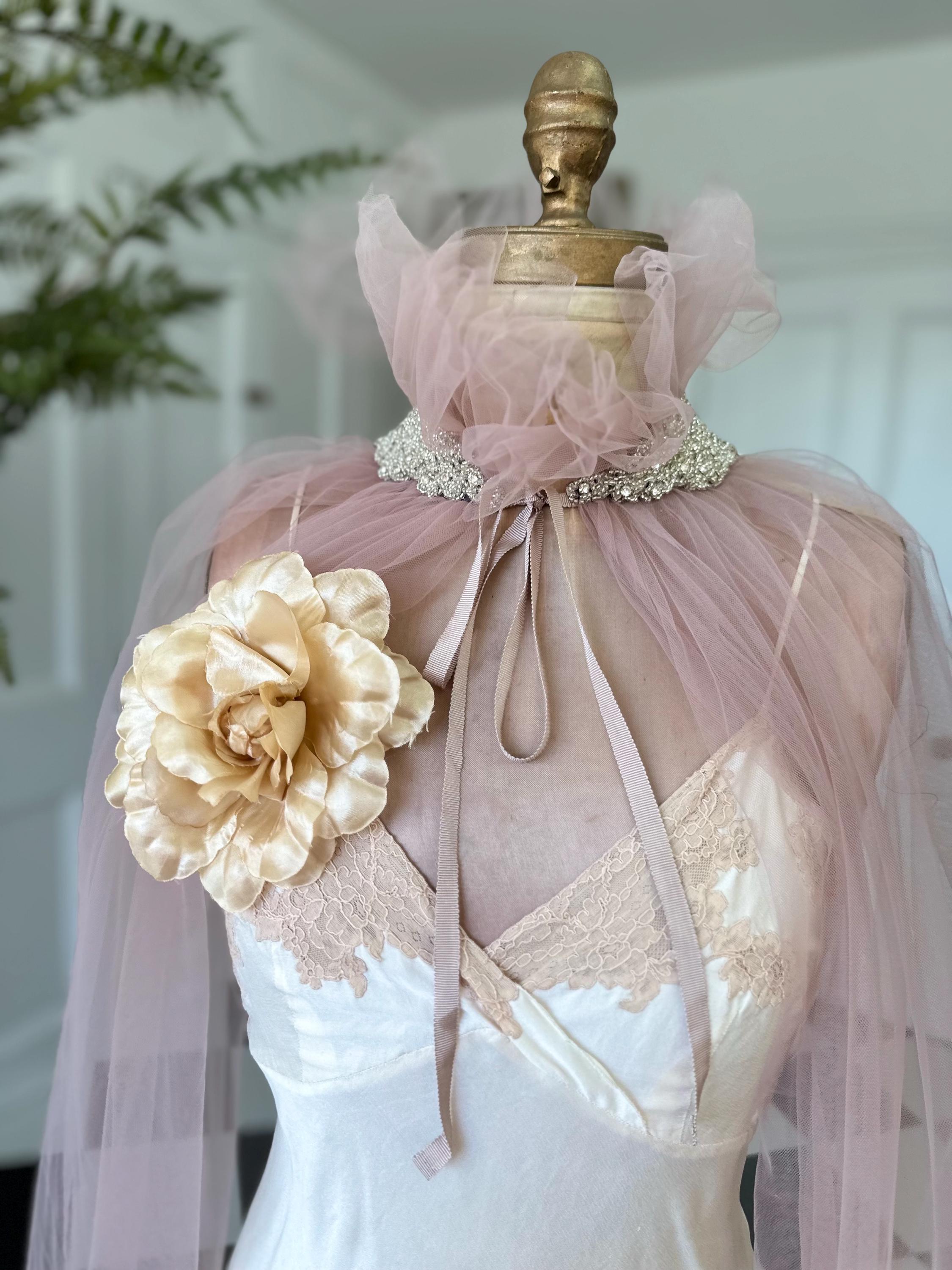 Handmade Vintage embellished soft Tulle Cape in old rose pink