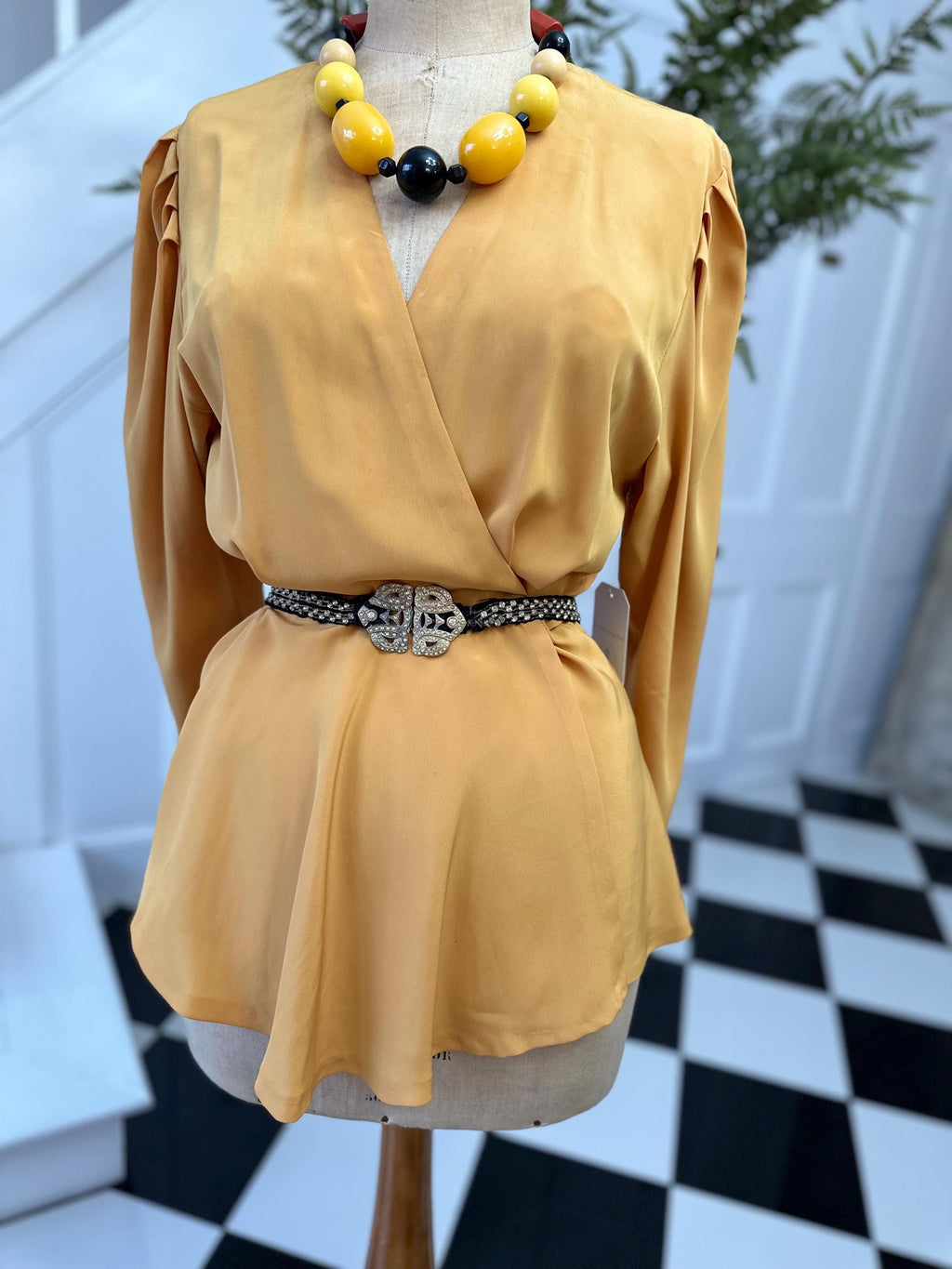 Vintage 1980s silk long sleeve wrap blouse in mustard