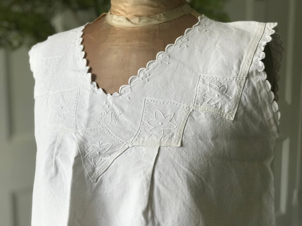 Antique Linen Smock Dress: Hand Embroidered Monogram, UK 8-10