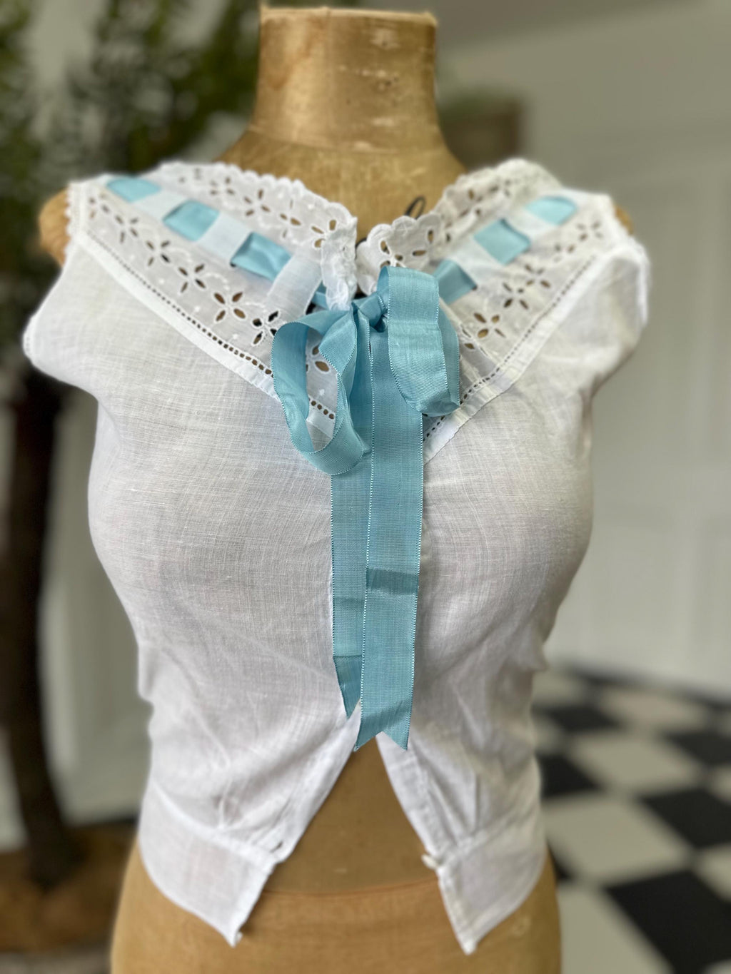 Elegant Edwardian Victorian Corset Cover with blue ribbon