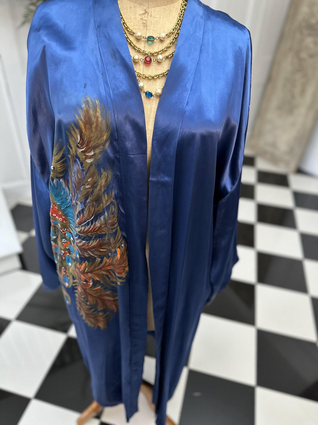 1970 Blue satin hand painted peacock design