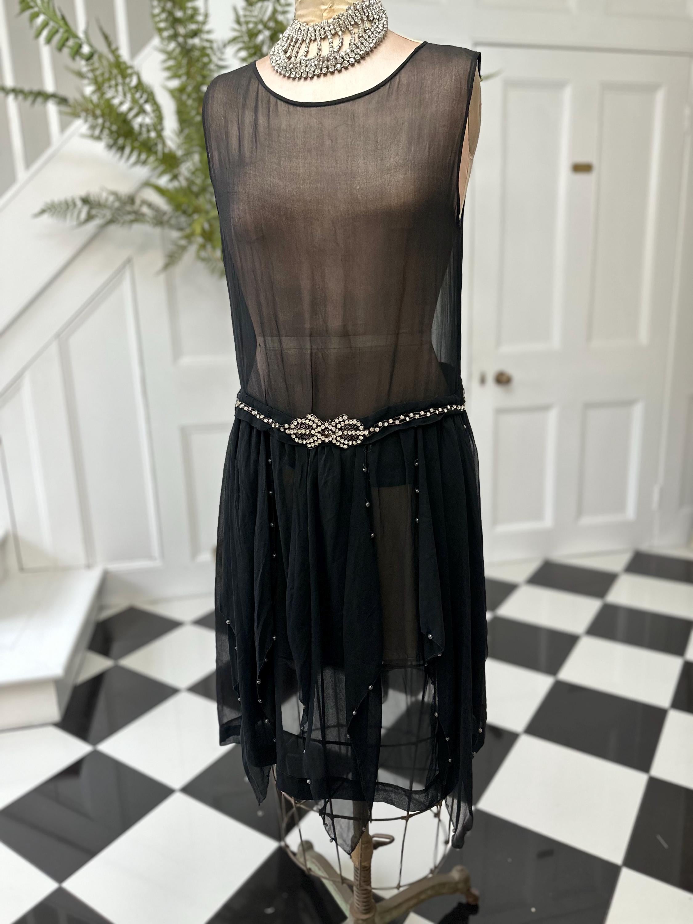1920s Black sheer dress with diamond waistline details