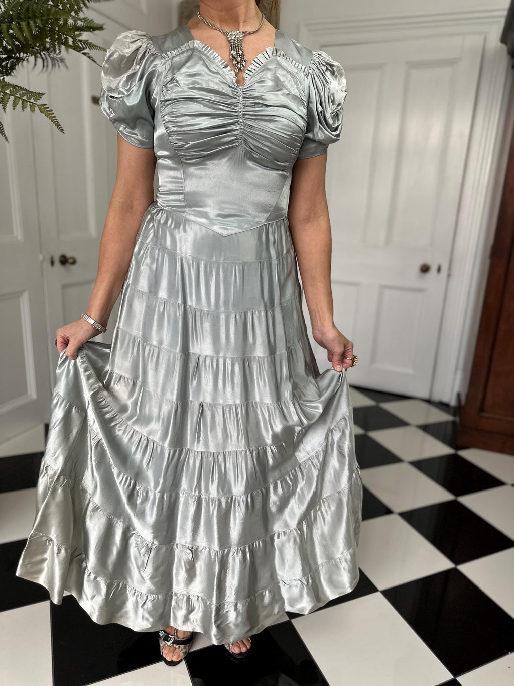 1930s long satin grey evening gown dress