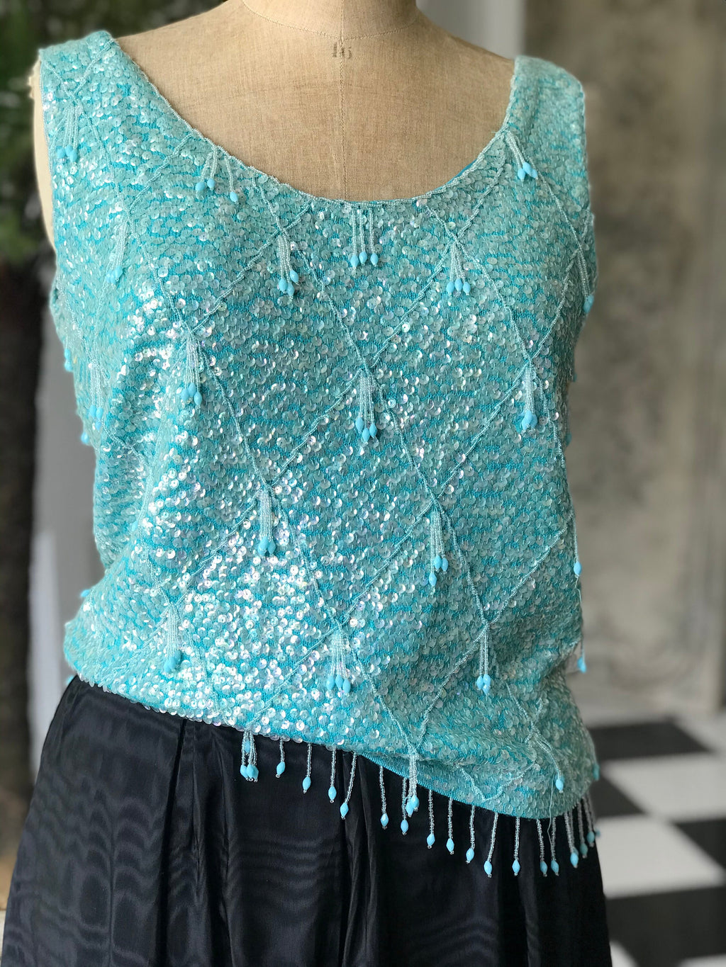 Vintage 1960s Turquoise beaded embellished wool top jumper blouse