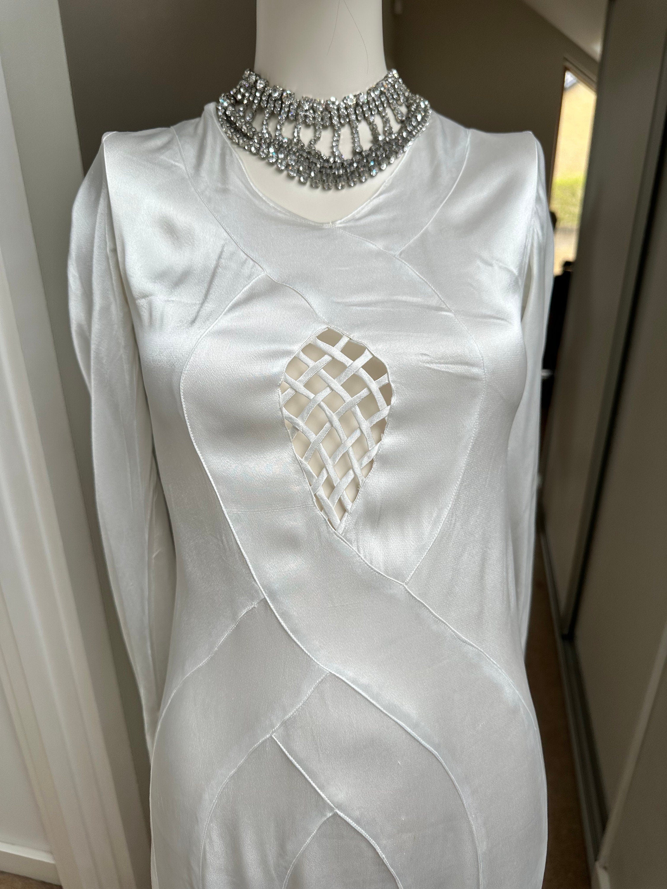 1930s white satin bias cut wedding dress
