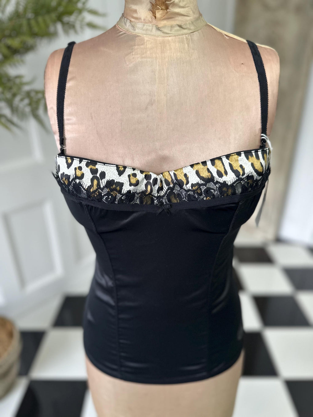 Just Cavalli Elegant Black satin and  Lace bustier with leopard trimming