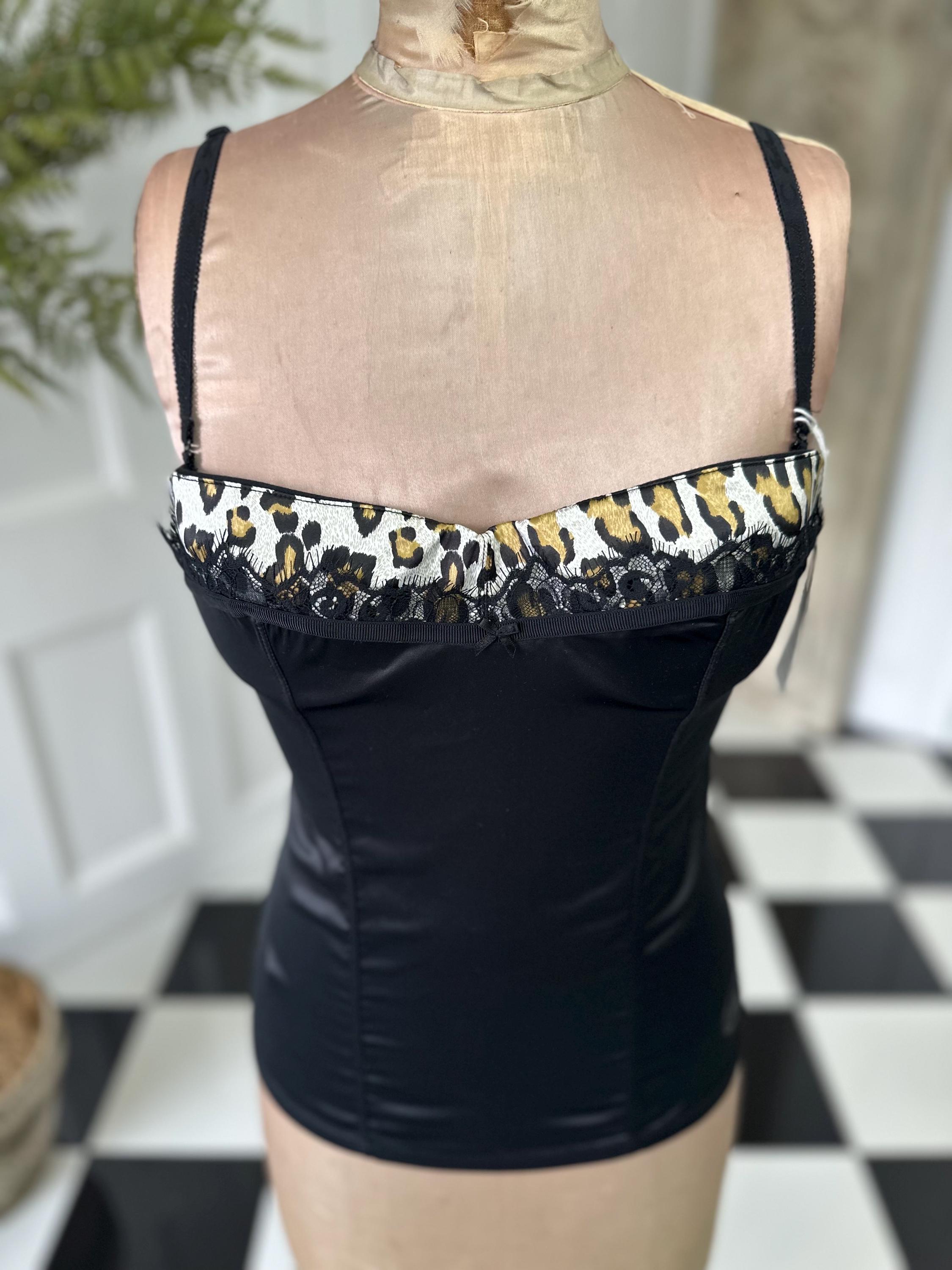 Just Cavalli Elegant Black satin and  Lace bustier with leopard trimming