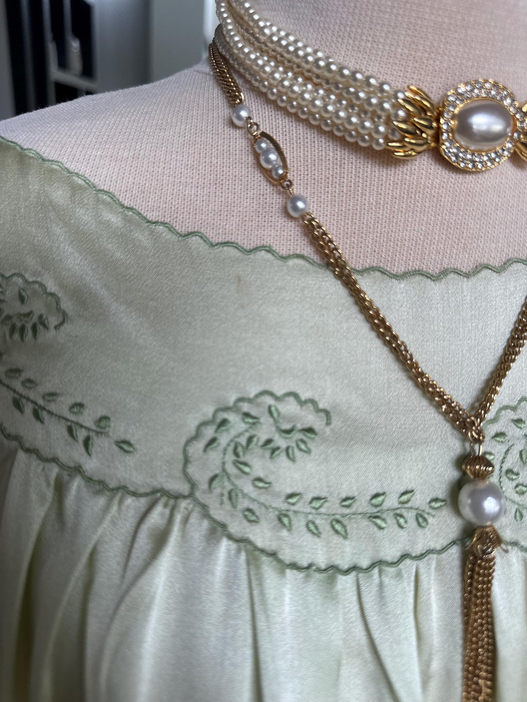 Antique 1920s-1930s Sage Silk Nightgown – Authentic Art Deco Off-Shoulder Gown