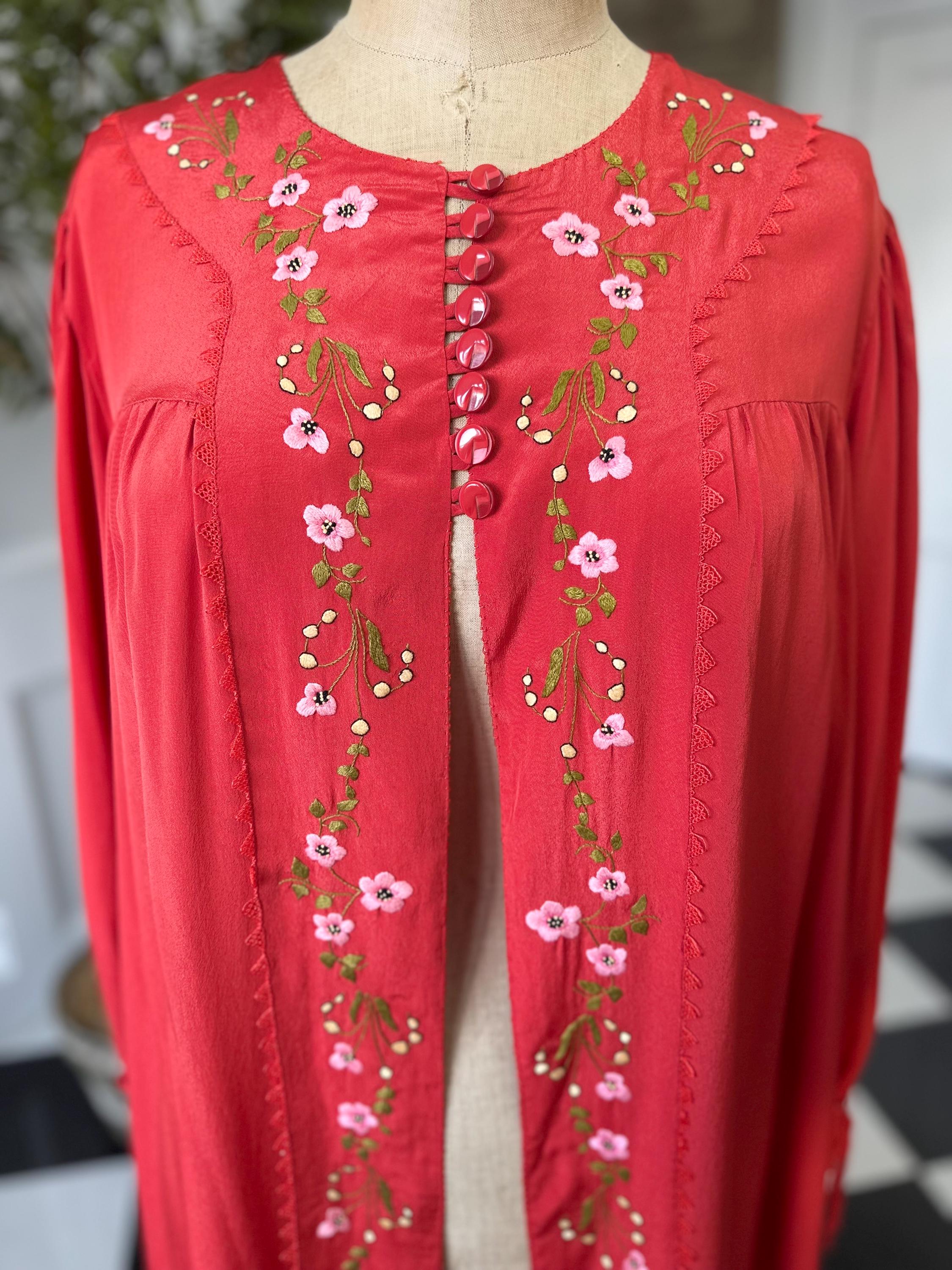 1940s Silk red house coat dressing gown with silk embroidery to the front