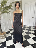 Vintage style long bias cut black slip dress.