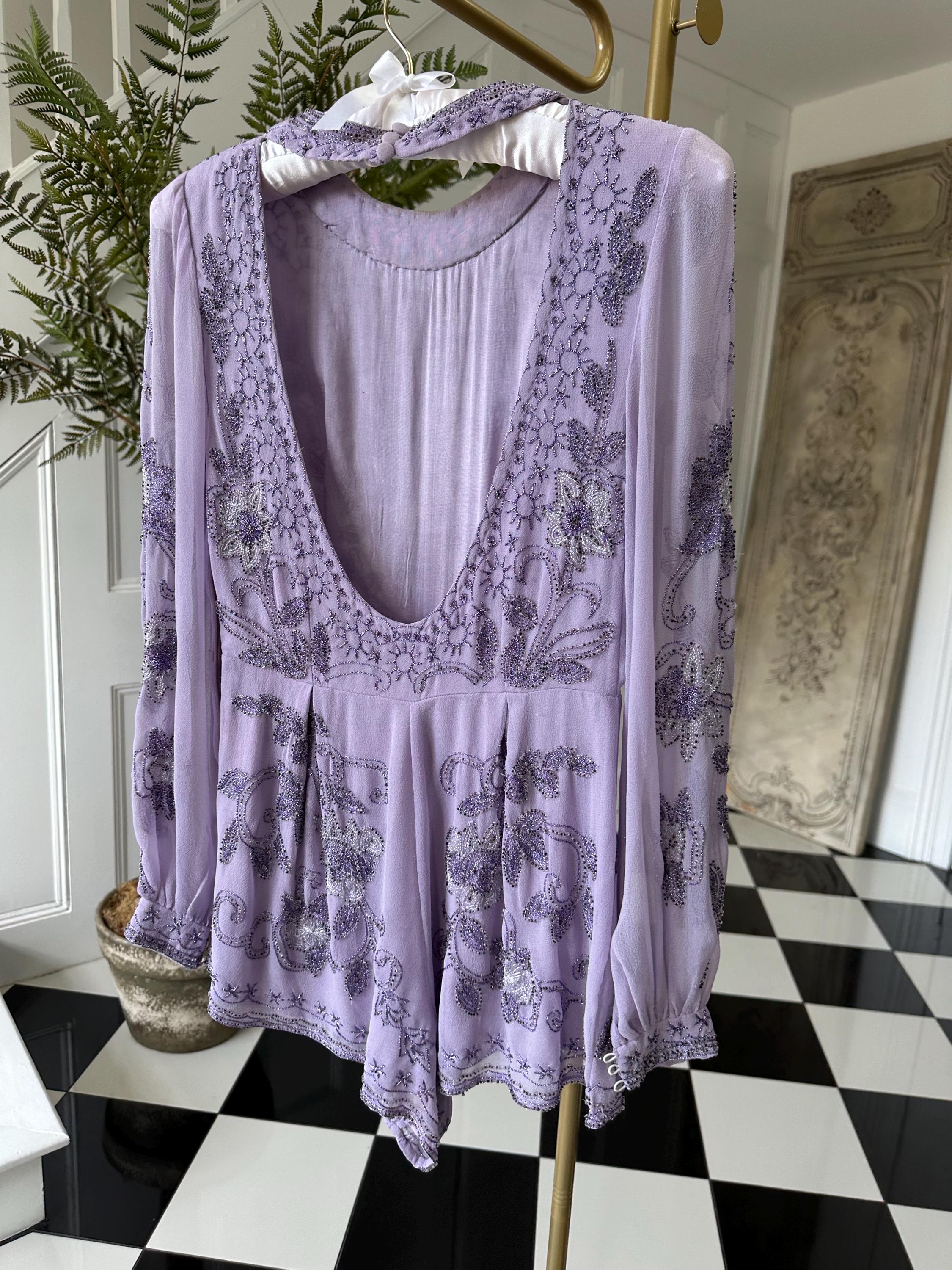 Vintage chiffon Lavender Beaded Floral Romper with Open Back and Long Sleeves