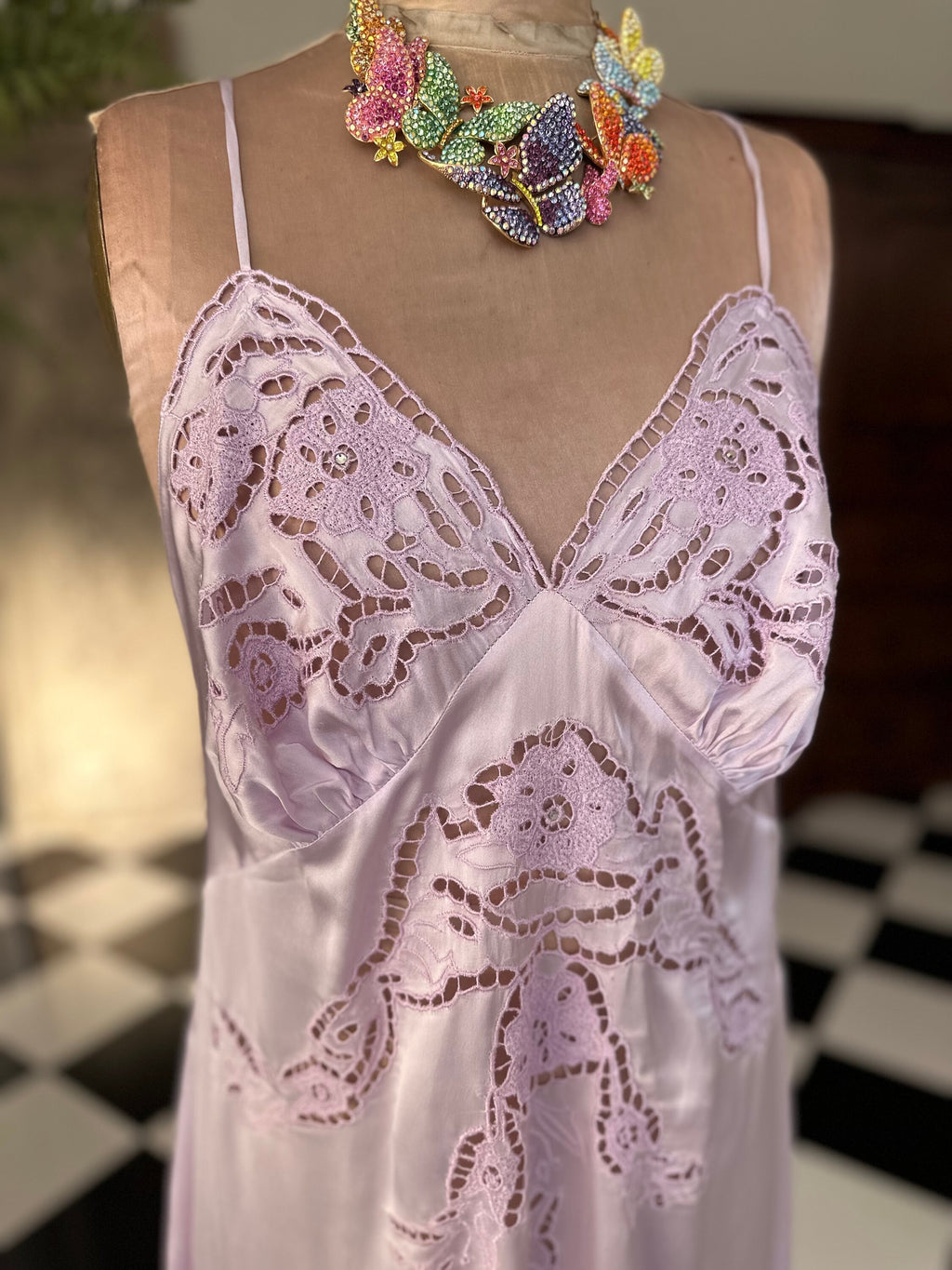 Vintage very sexy lilac cutout lace long slip