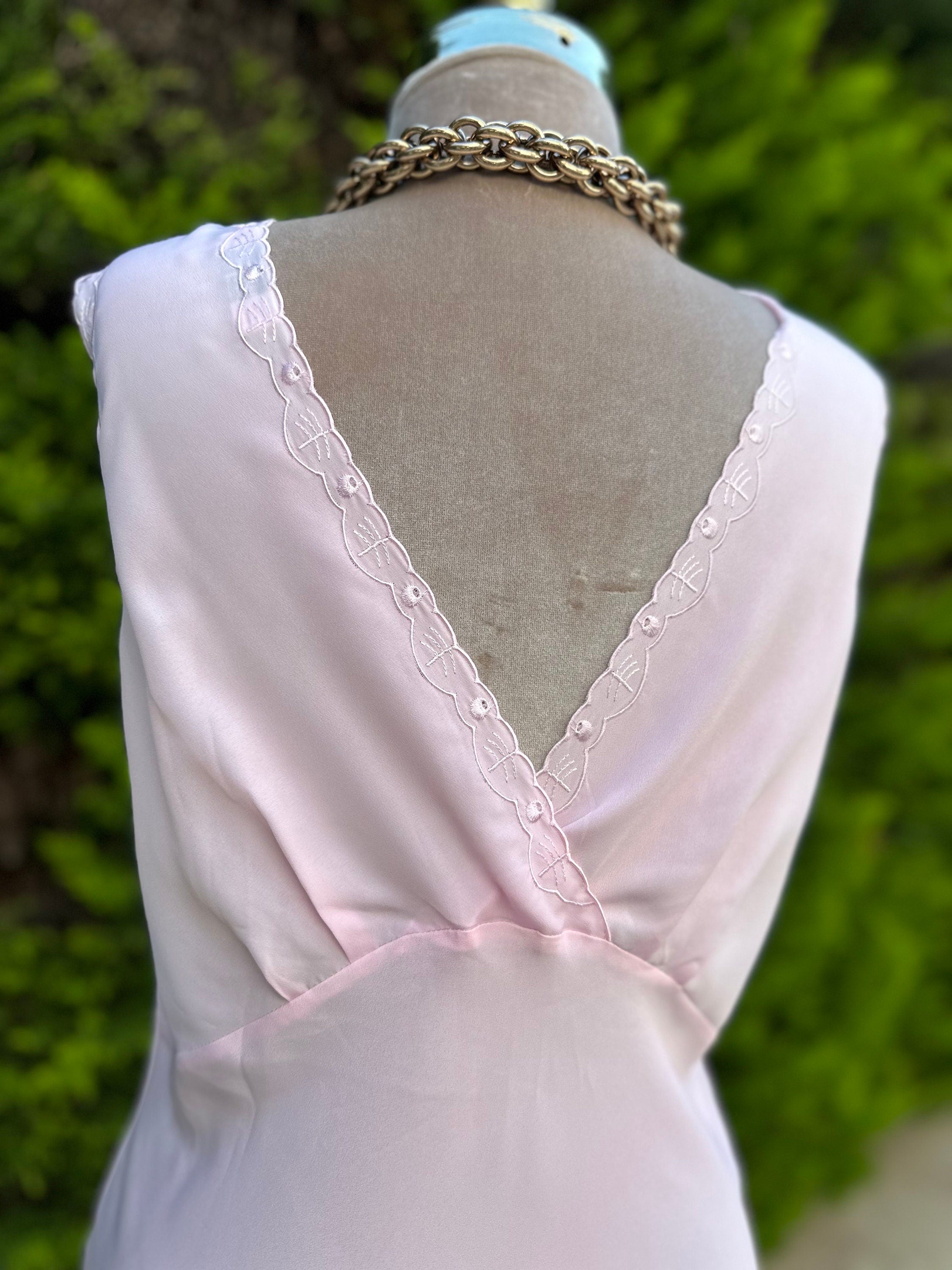 1970 Vintage long pink slip dress with a crossover top with embroidery details