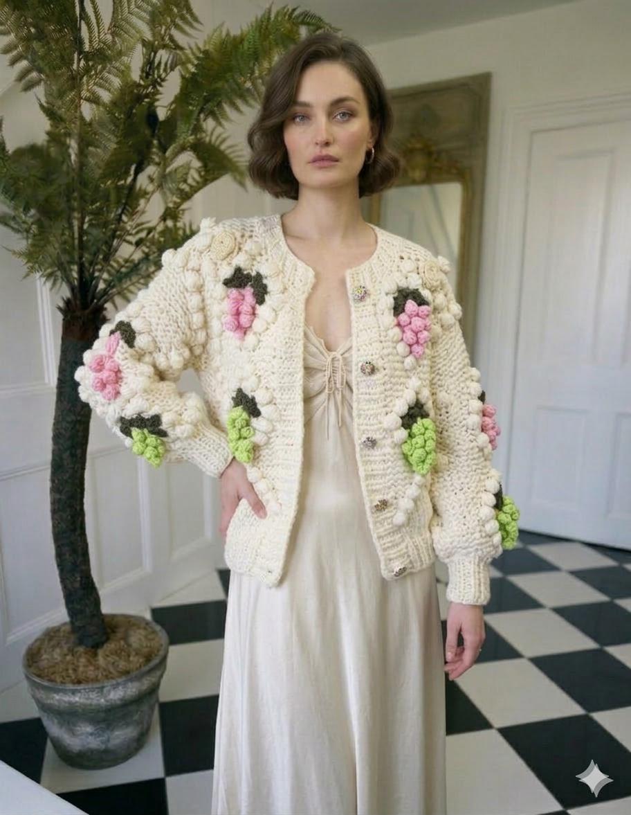 Vintage style hand knitted cream cardigan with grape details
