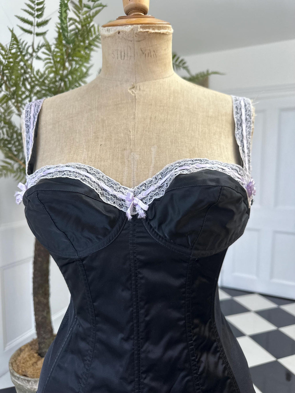 1950s Sexy black satin and lace corset bustier