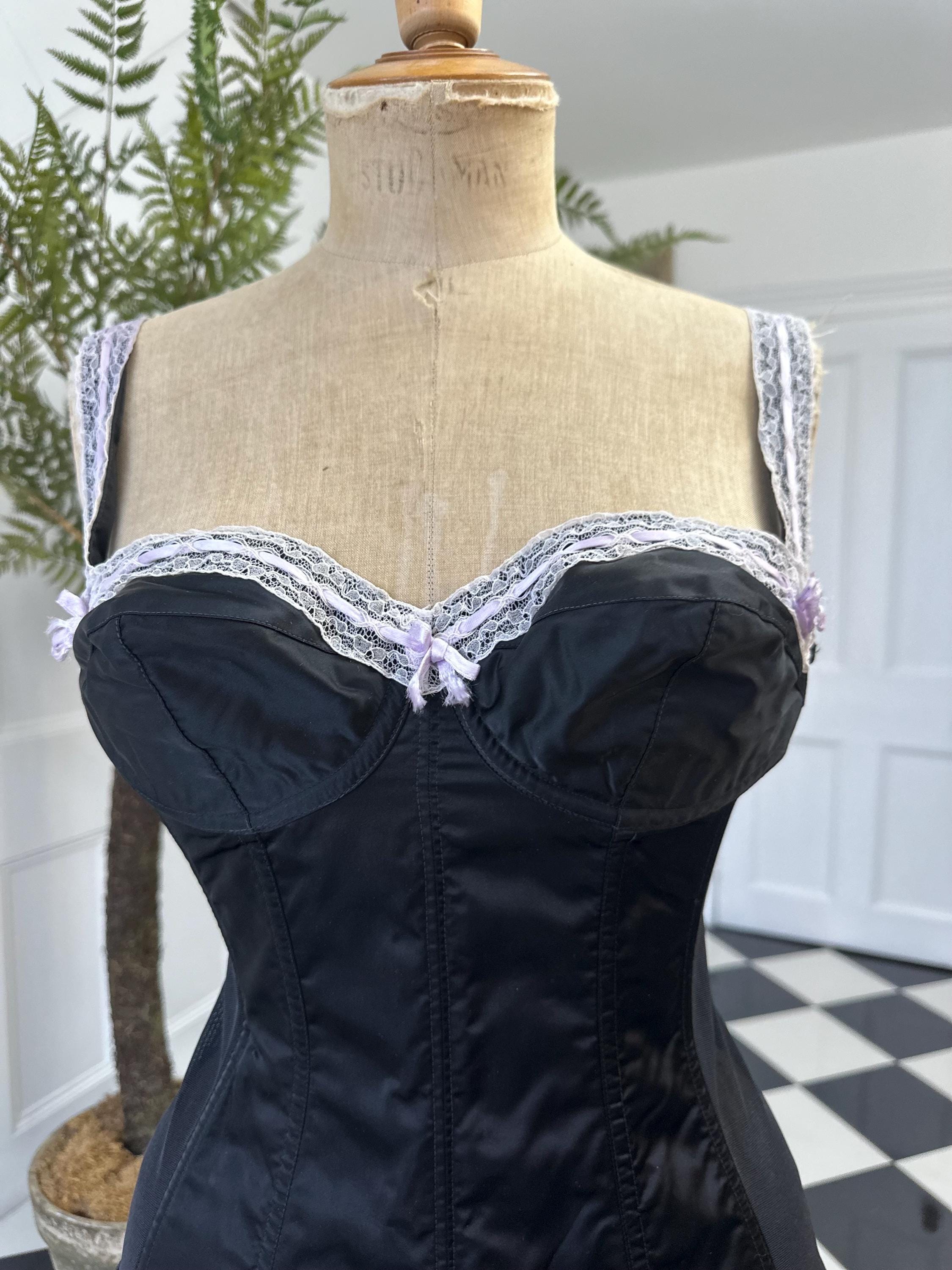 1950s Sexy black satin and lace corset bustier