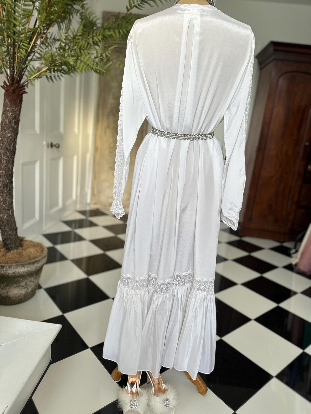 1970s Silky white long gown with lace details
