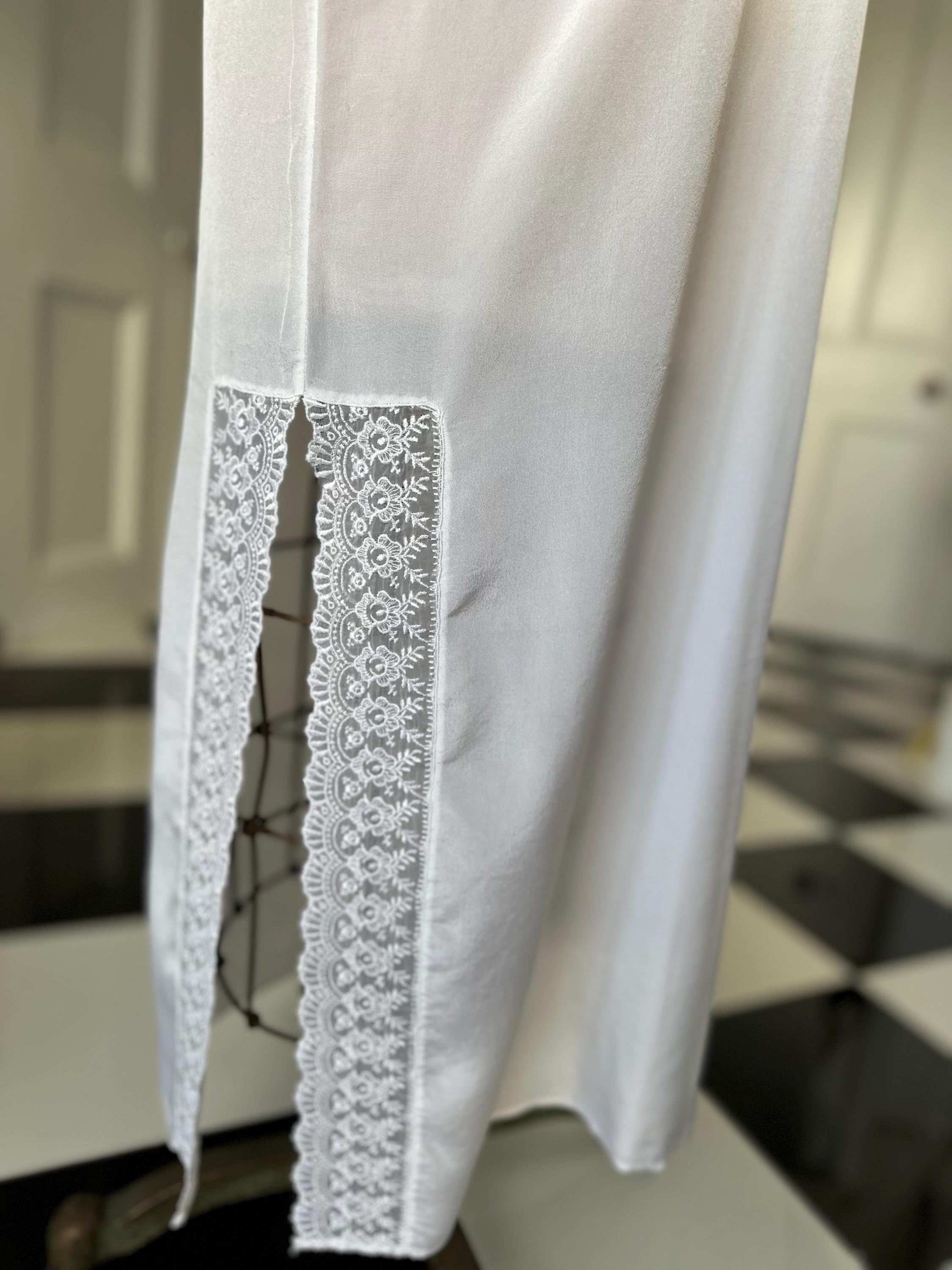 1970s silky white dress with lace trimming