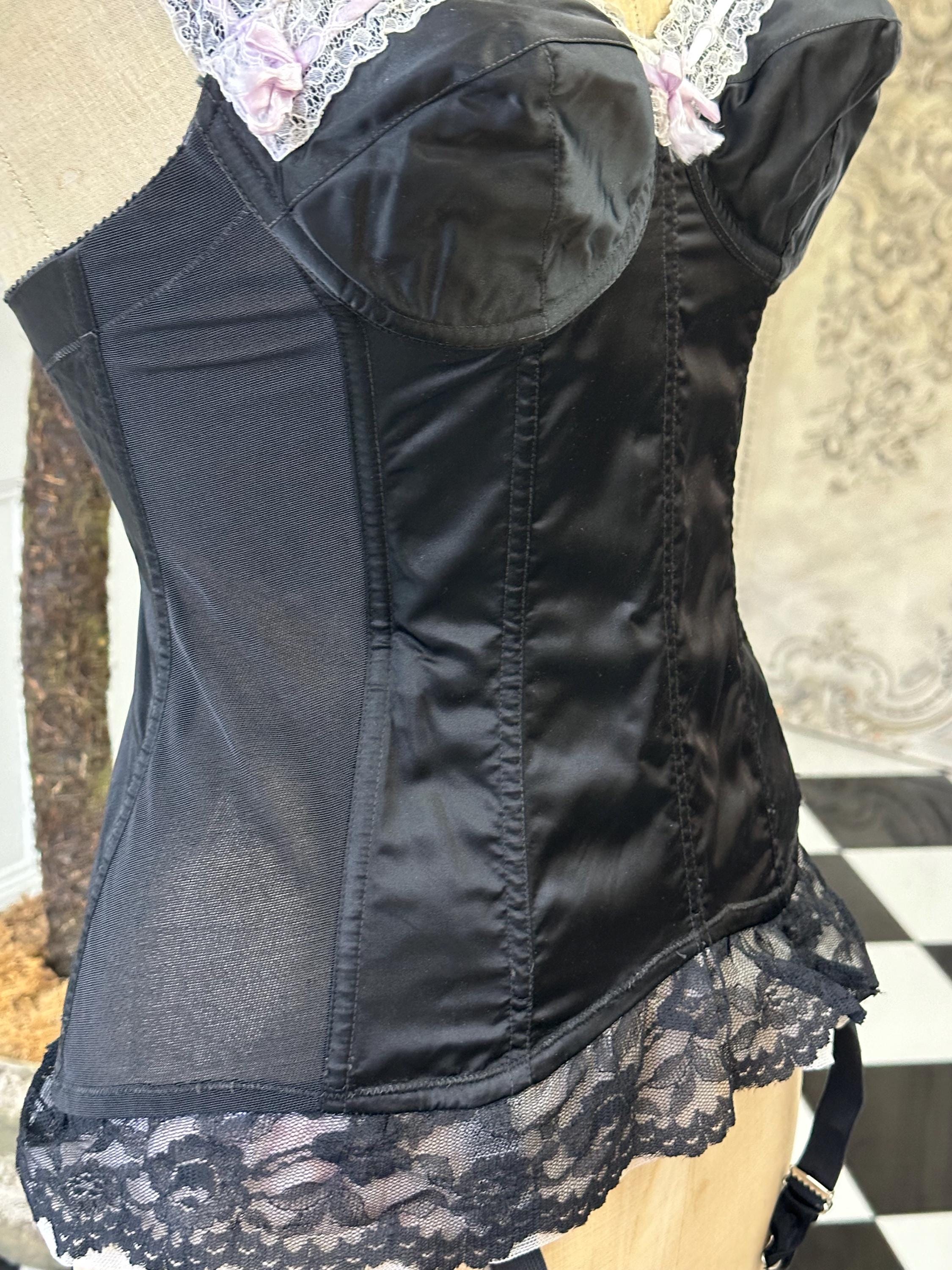 1950s Sexy black satin and lace corset bustier