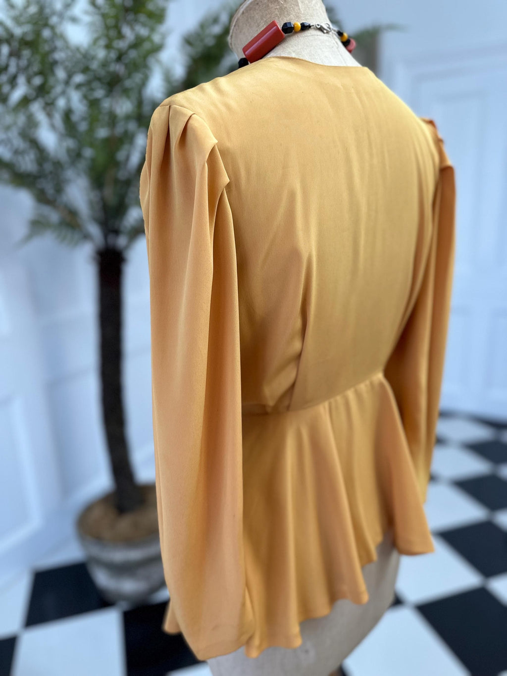 Vintage 1980s silk long sleeve wrap blouse in mustard