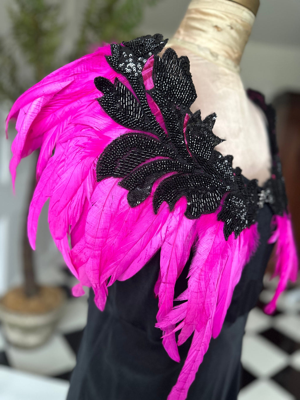 1930s vintage style hot pink cerise pink feather cape  with black embellishment