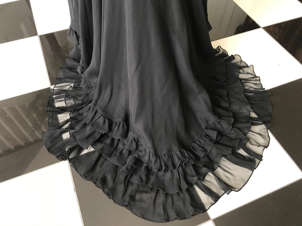 Vintage 1980s long black silk crepe mermaid style  party dress with embellishment and ruffles