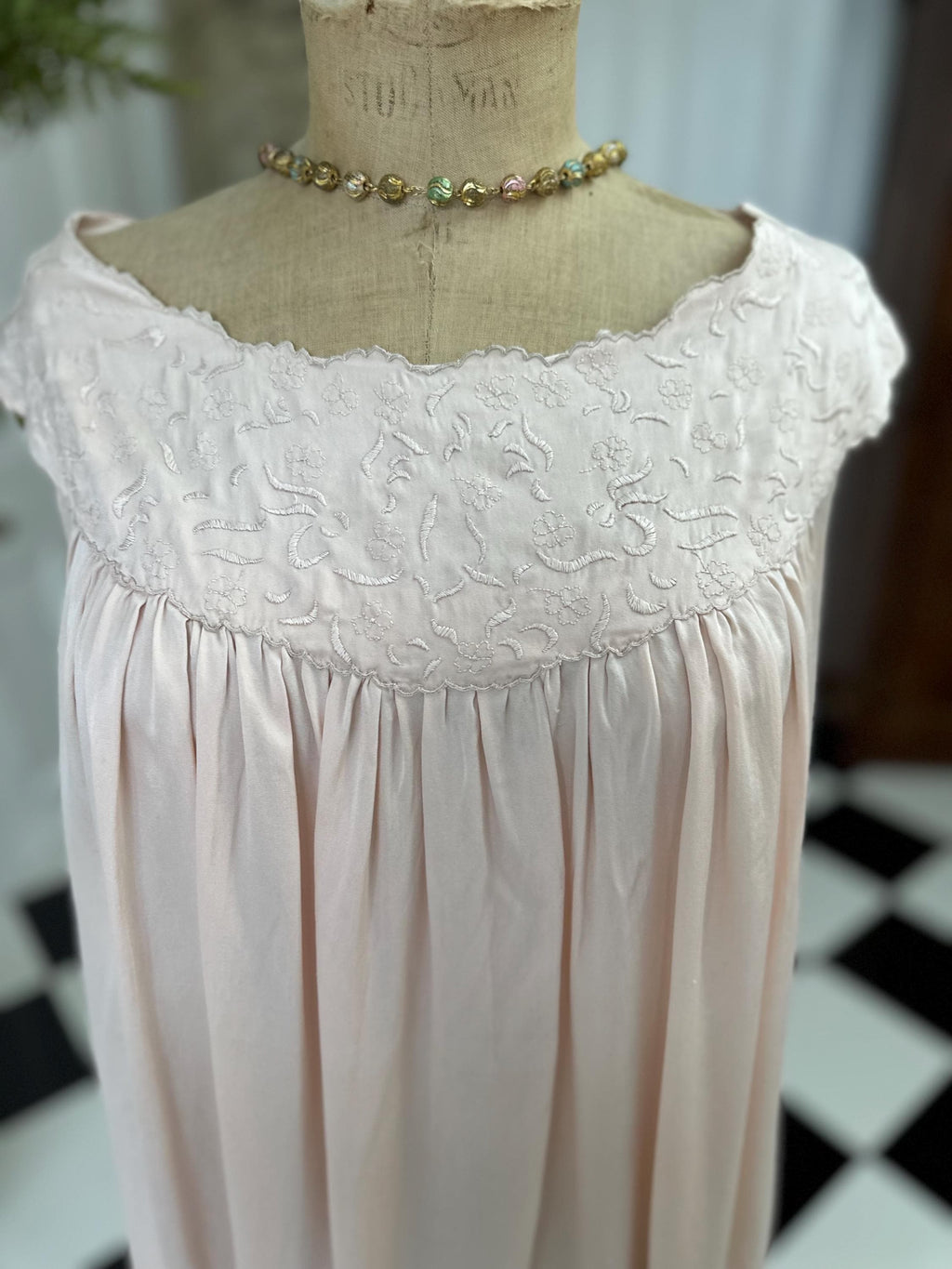 1940s pale lilac pink silk loose slip dress with boat neckline with  embroidery