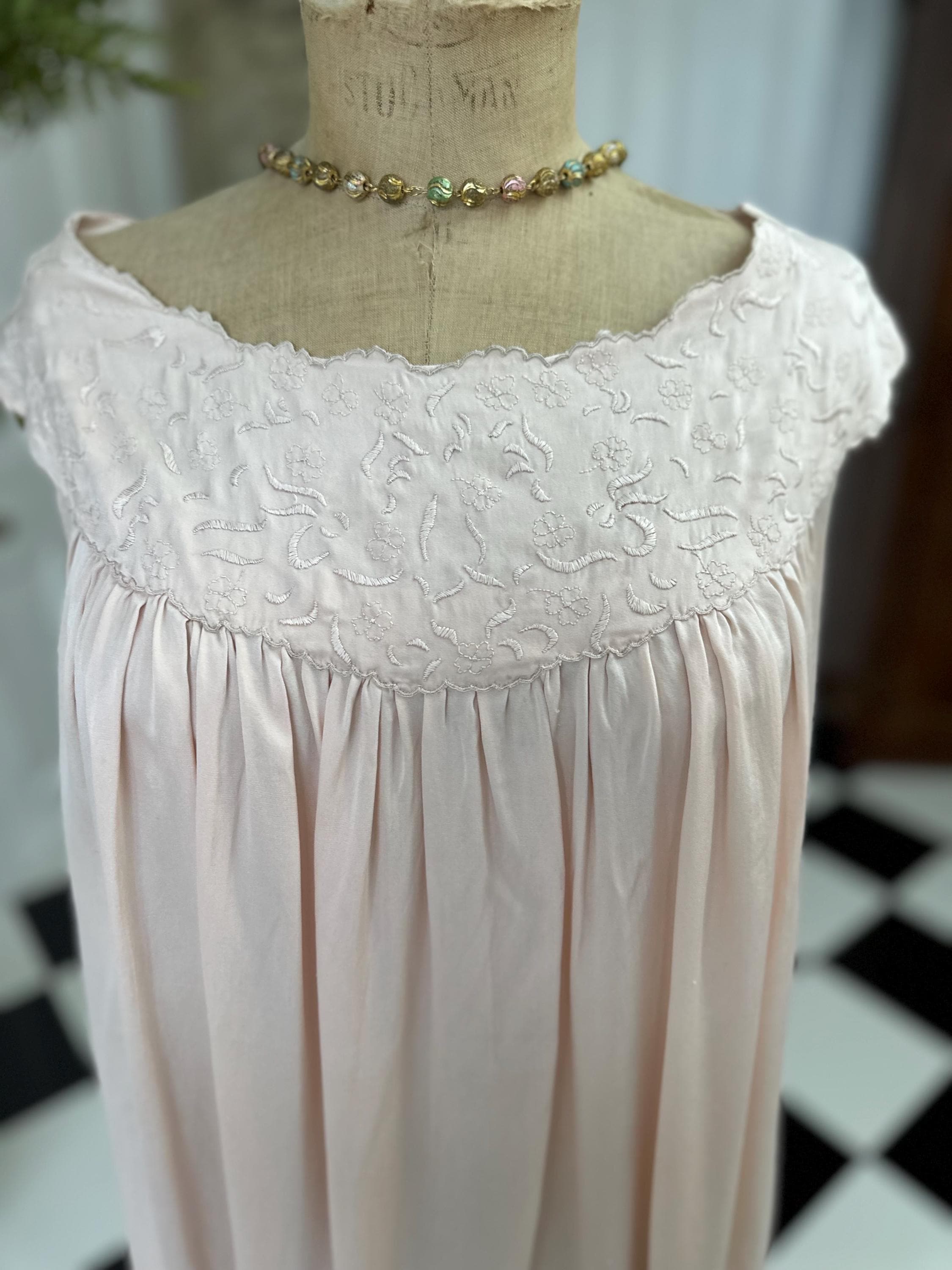 1940s pale lilac pink silk loose slip dress with boat neckline with  embroidery