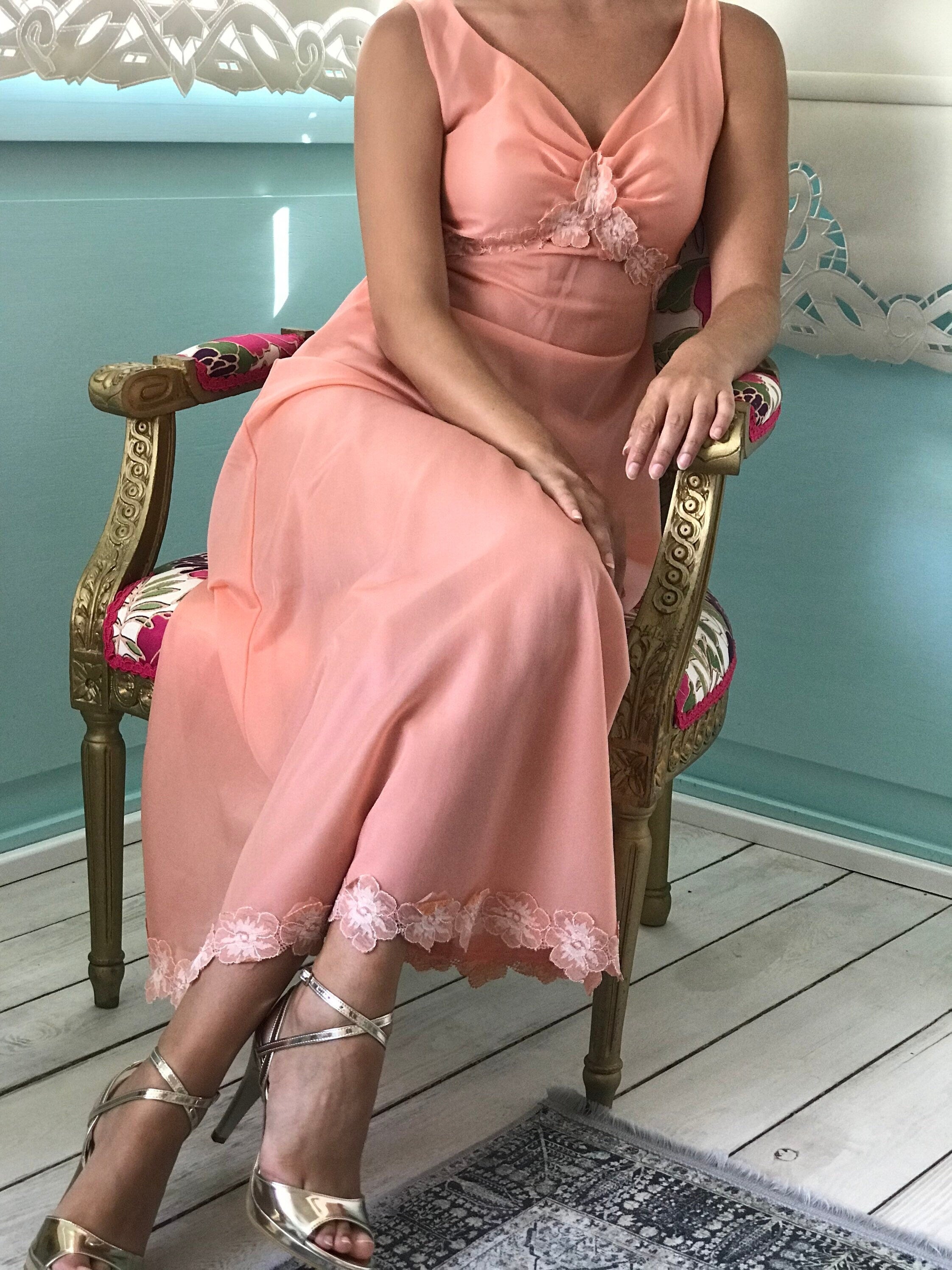 1970s long plunge neck lingerie slip dress