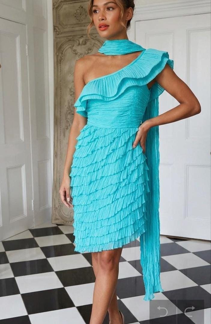 Sexy one sleeve off the shoulder ruched turquoise Cocktail dress by Pronovias