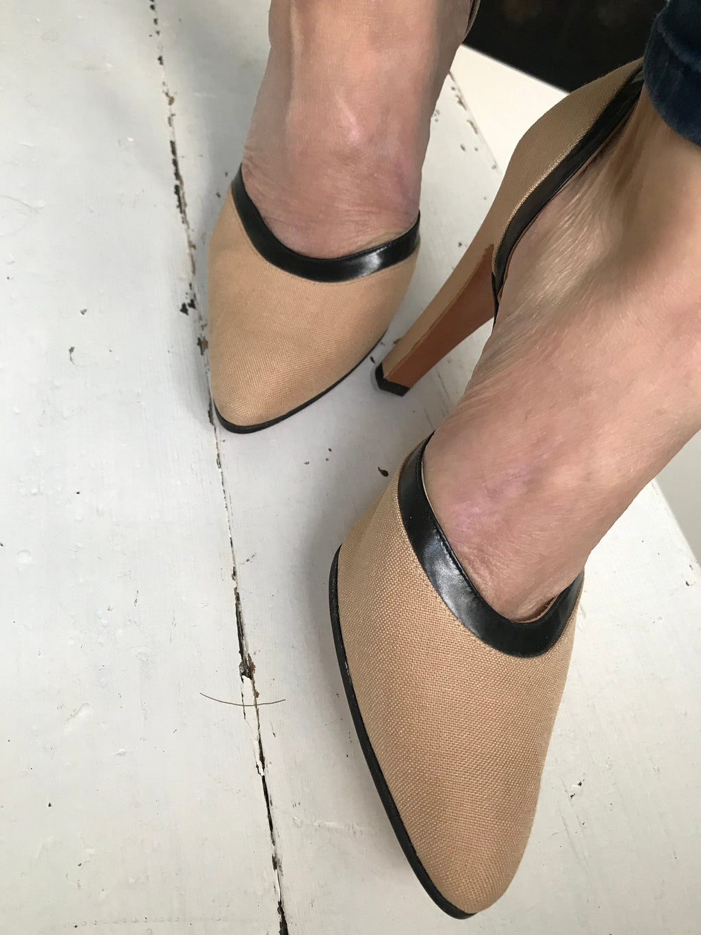 Rayne Cream Linen Heels with Black Leather Trim (UK 3.5 / US 6b)