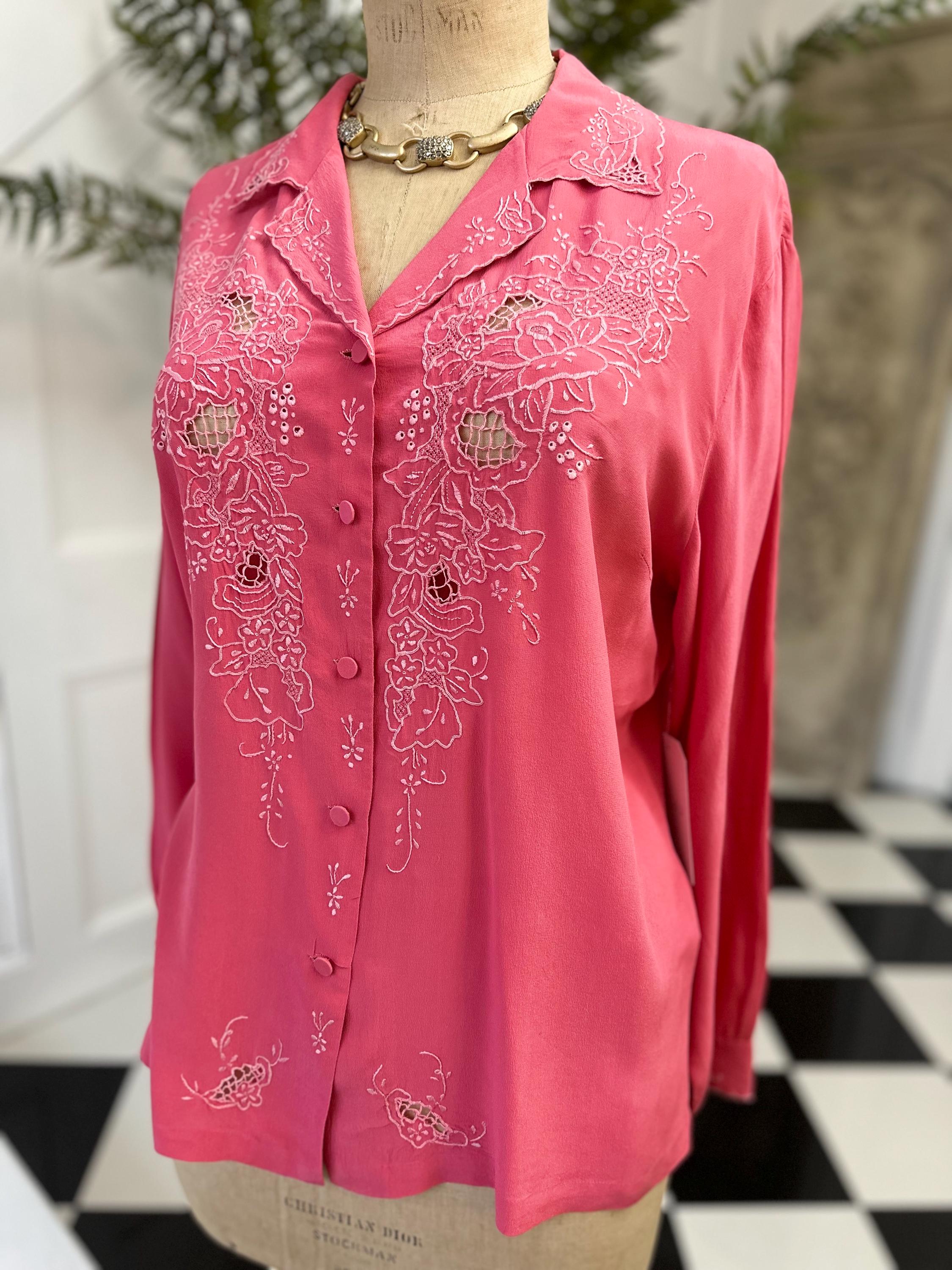 Vintage rose pink hand embroidery long sleeve blouse  large Uk 14 to Uk 16