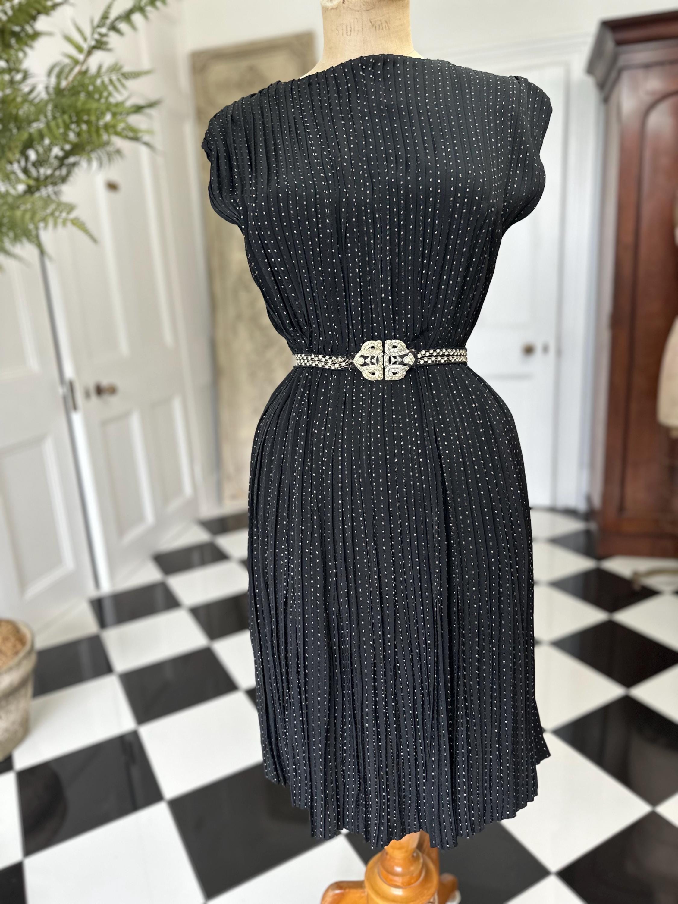 1940s Black with gold thread accordion pleat dress