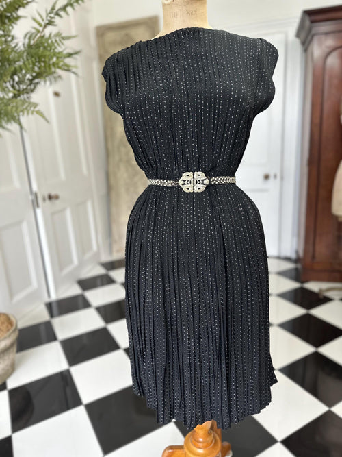 1940s Black with gold thread accordion pleat dress