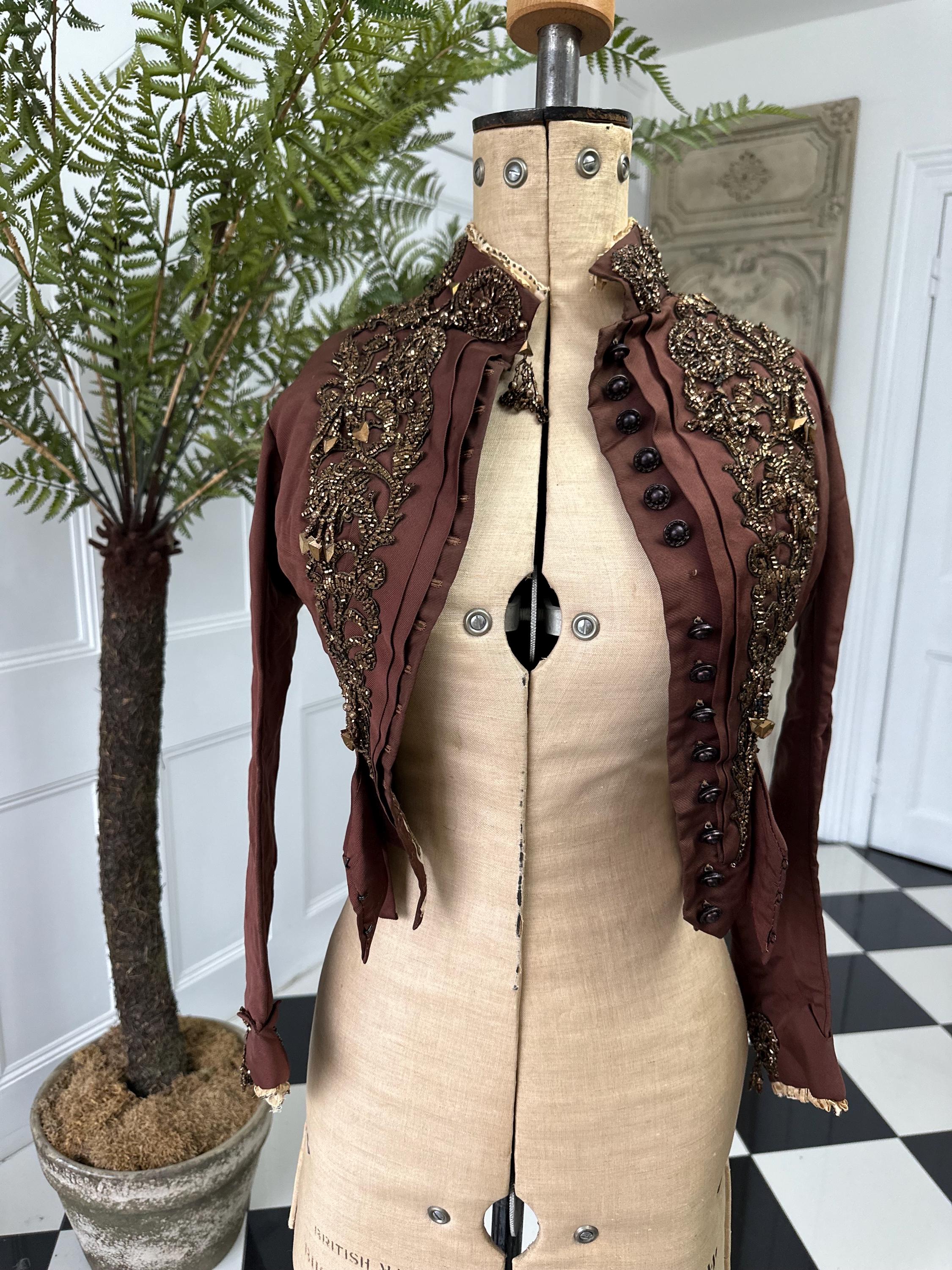 1880s French Silk Bodice: Bronze Brown Glass Beaded Embellishments