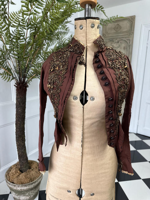 1880s French Silk Bodice: Bronze Brown Glass Beaded Embellishments