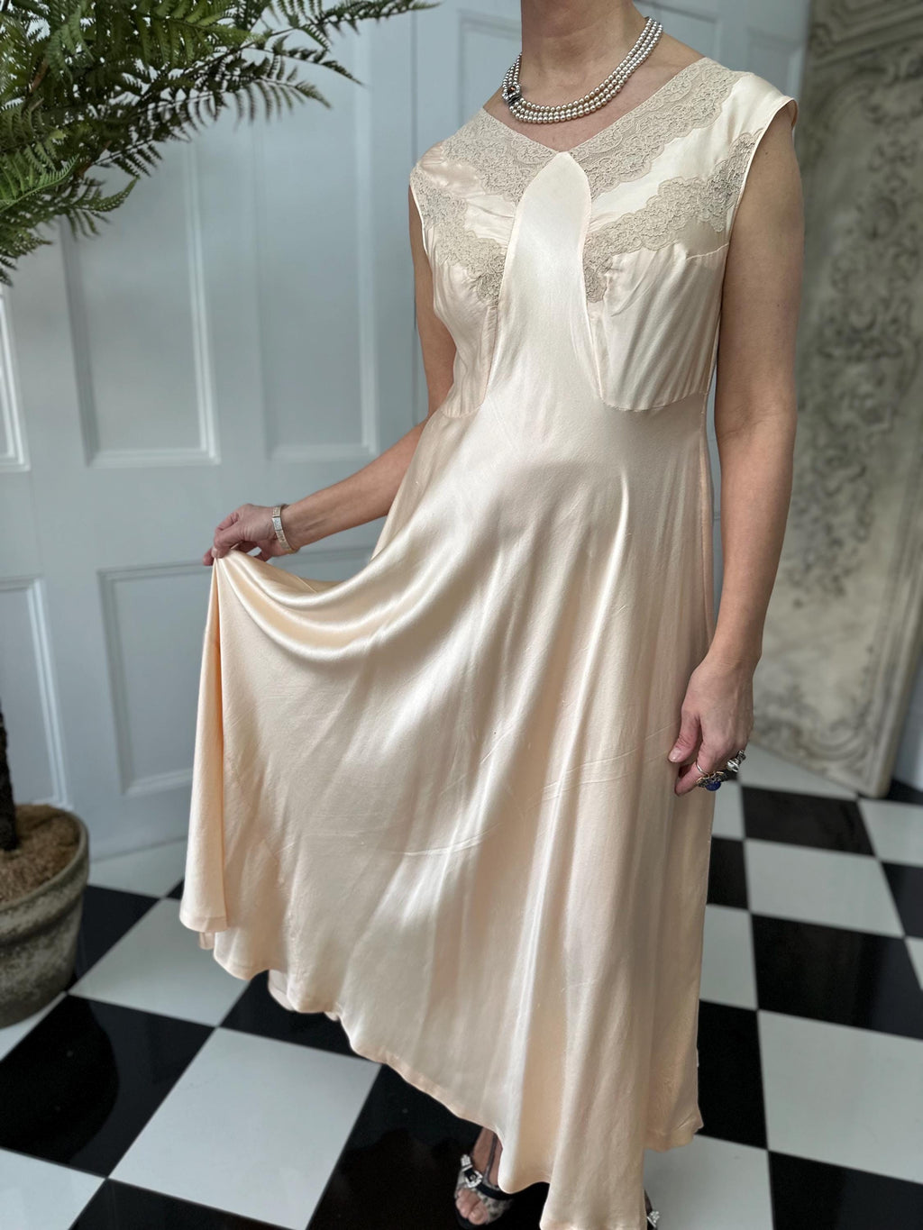 1930s silk and lace long slip dress in peach