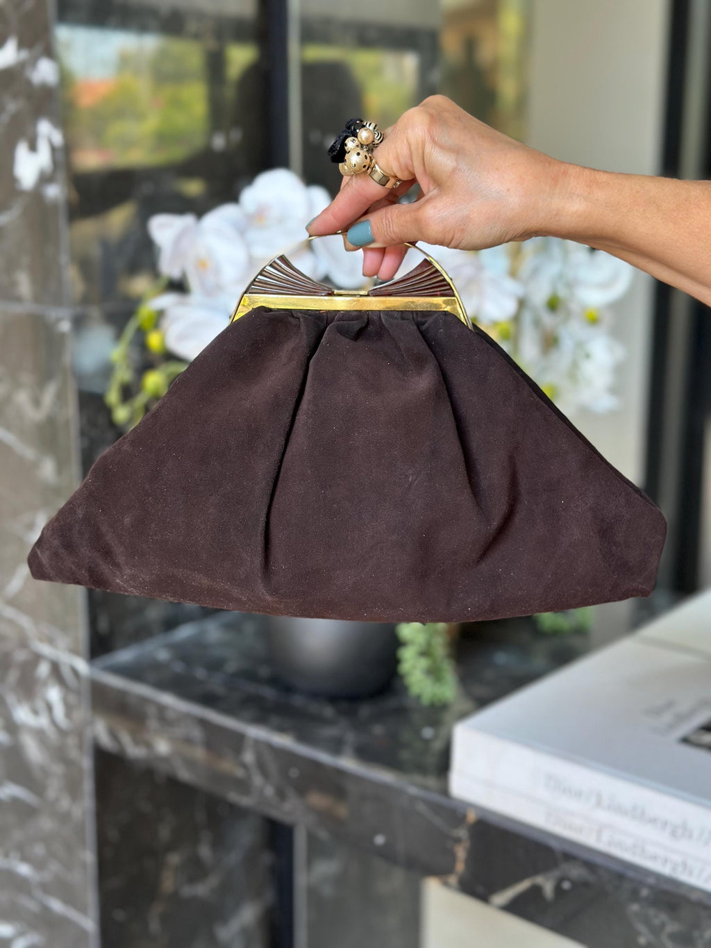 1930s Brown Suede leather handbag slouch style