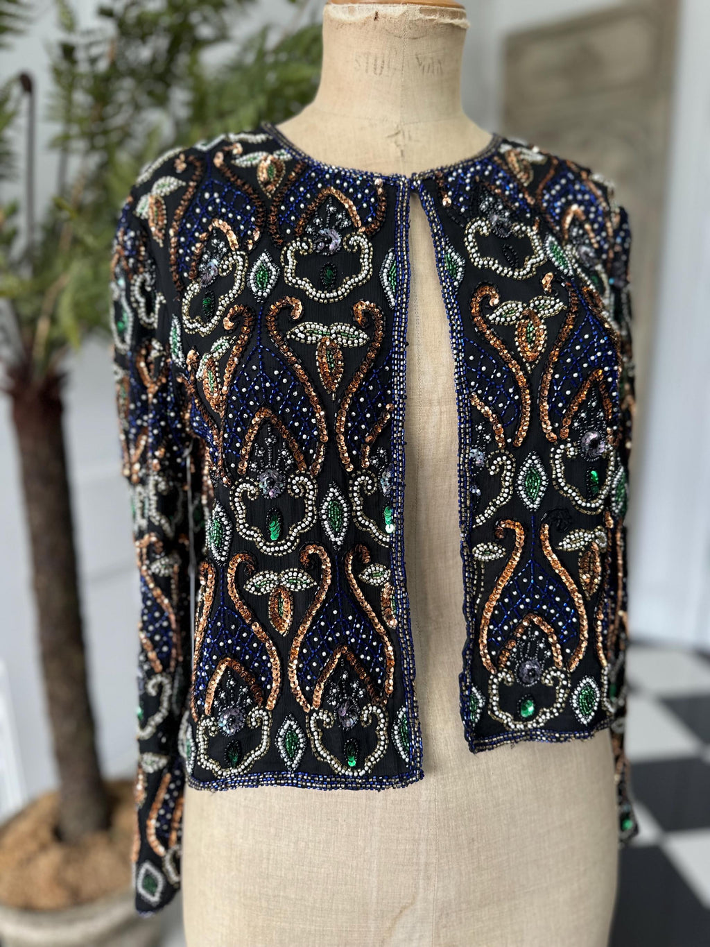 1980 Silk jacket with blue bronze pearl sequin long sleeve