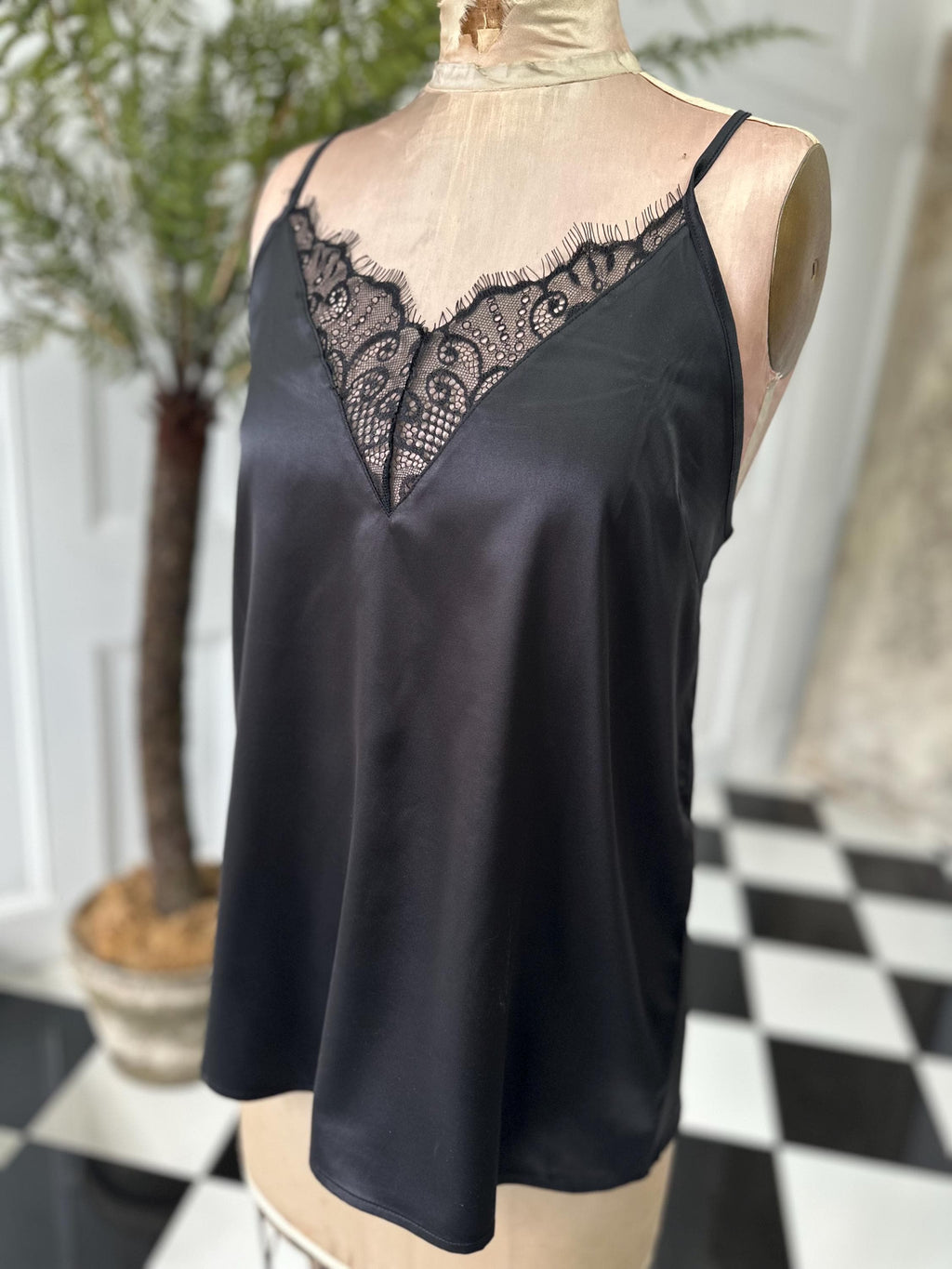 Vintage 1930s style satin and lace black camisole large size