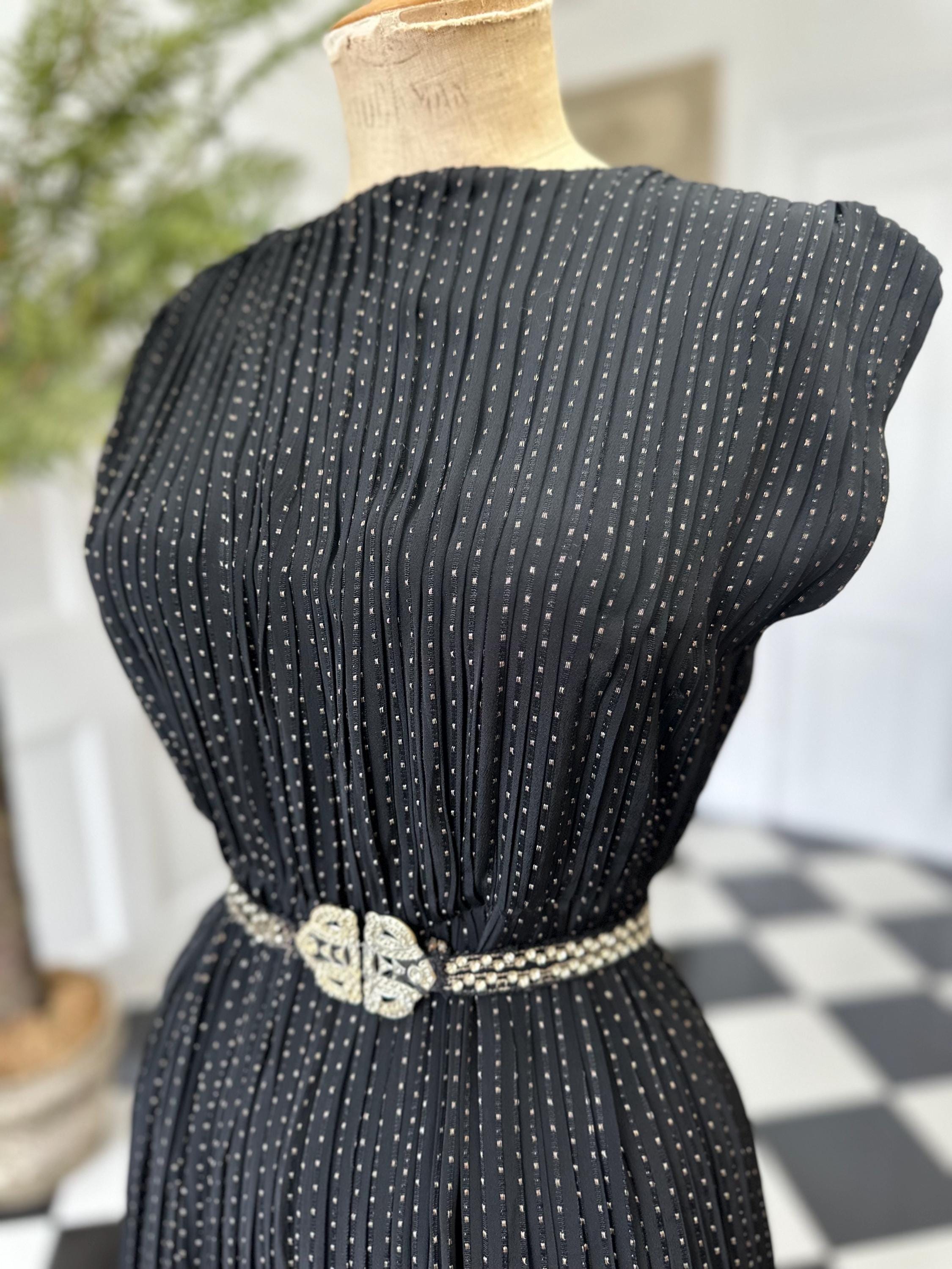 1940s Black with gold thread accordion pleat dress