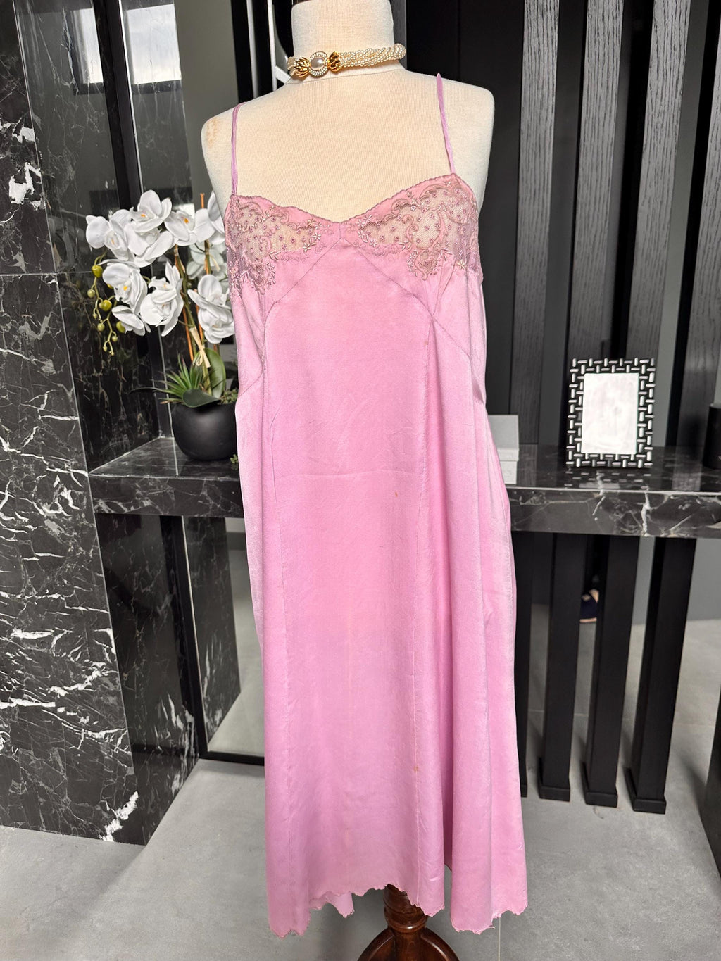 Large size. Antique 1930s Lilac Silk Slip – Authentic Lace embroidery Inset Bias-Cut