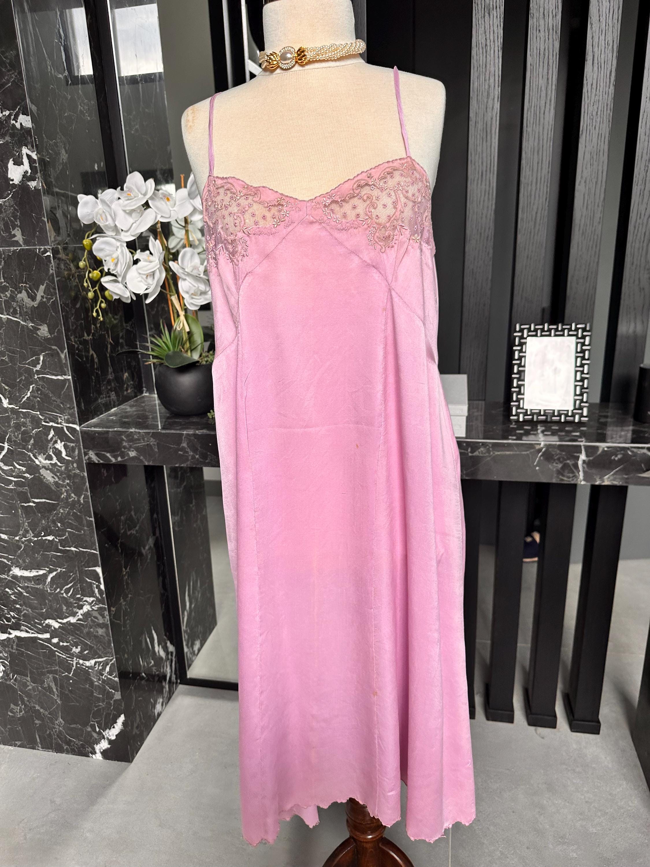 Large size. Antique 1930s Lilac Silk Slip – Authentic Lace embroidery Inset Bias-Cut