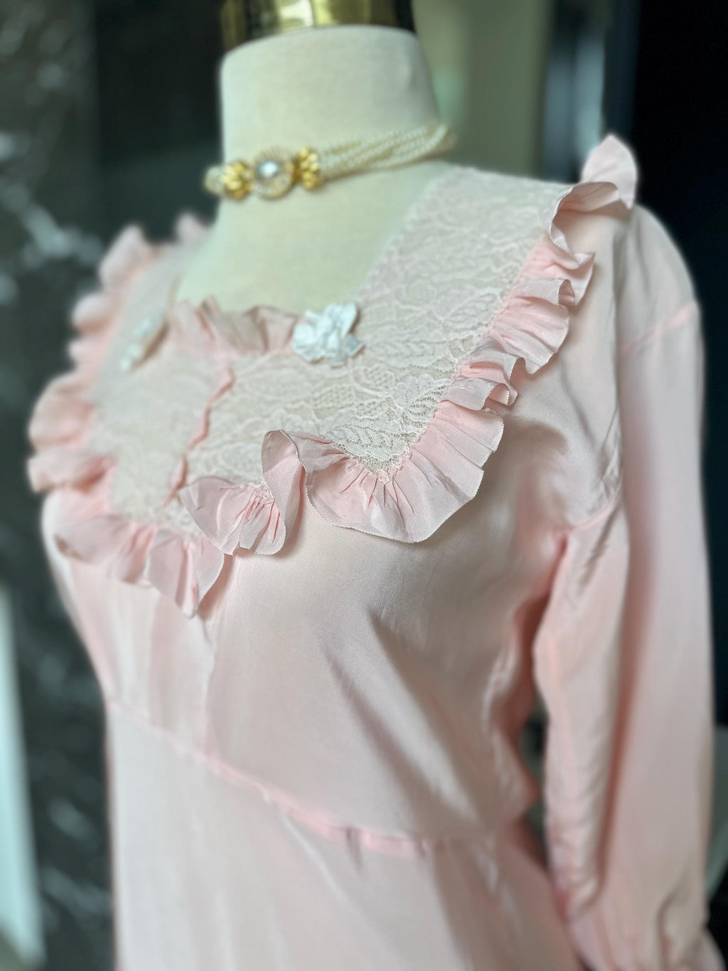 Vintage 1940s Pink Rayon Maxi Dress – Lace Ruffle Bodice, Victorian Sleepwear Gown