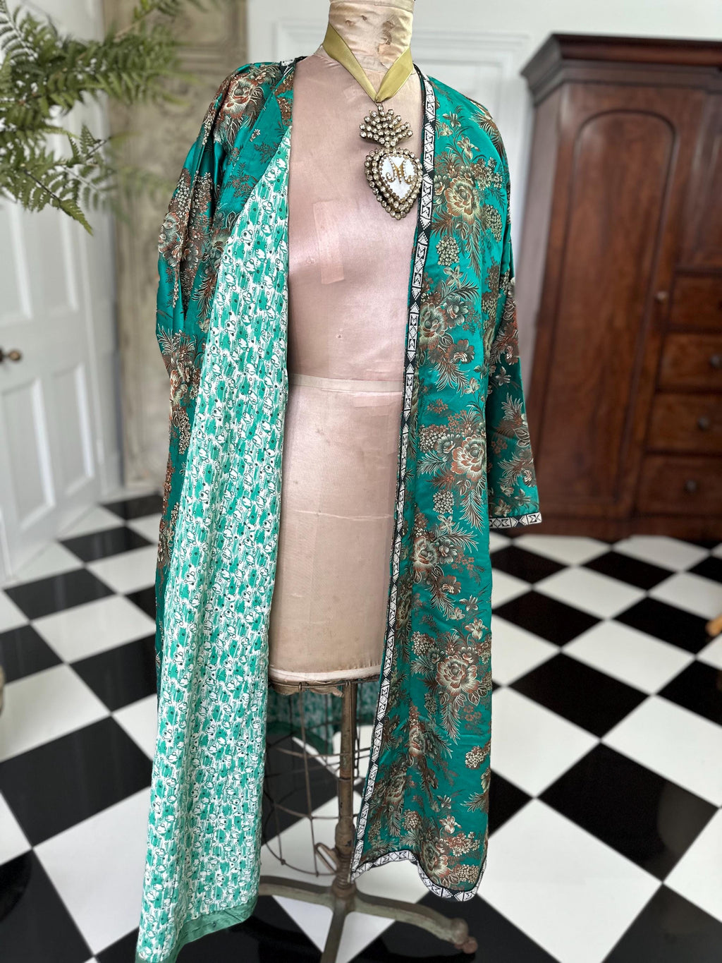 Antique Brocade Emerald Green Robe from the 1900s