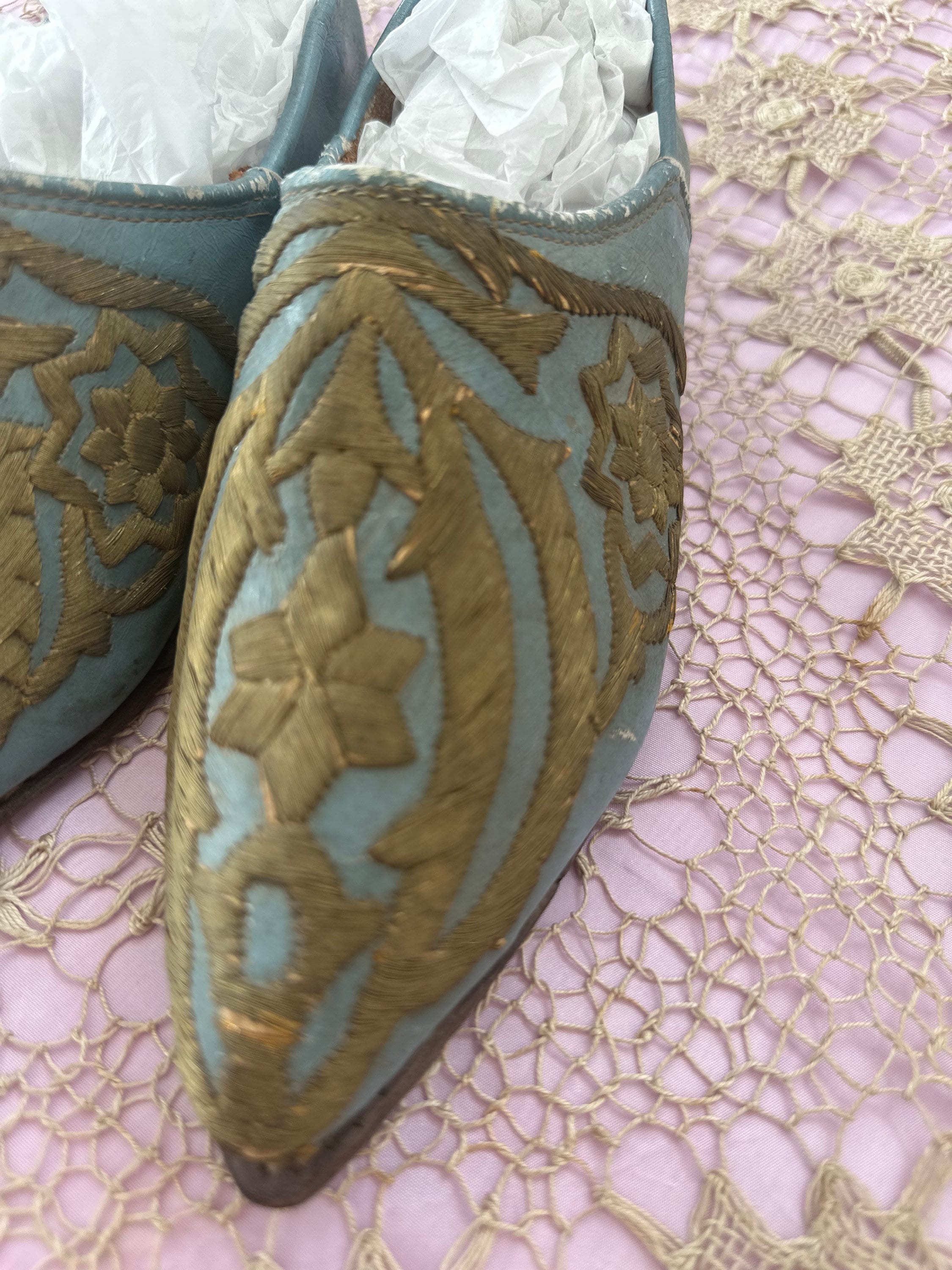 Antique Ottoman 19th century leather shoes with gold embroidery
